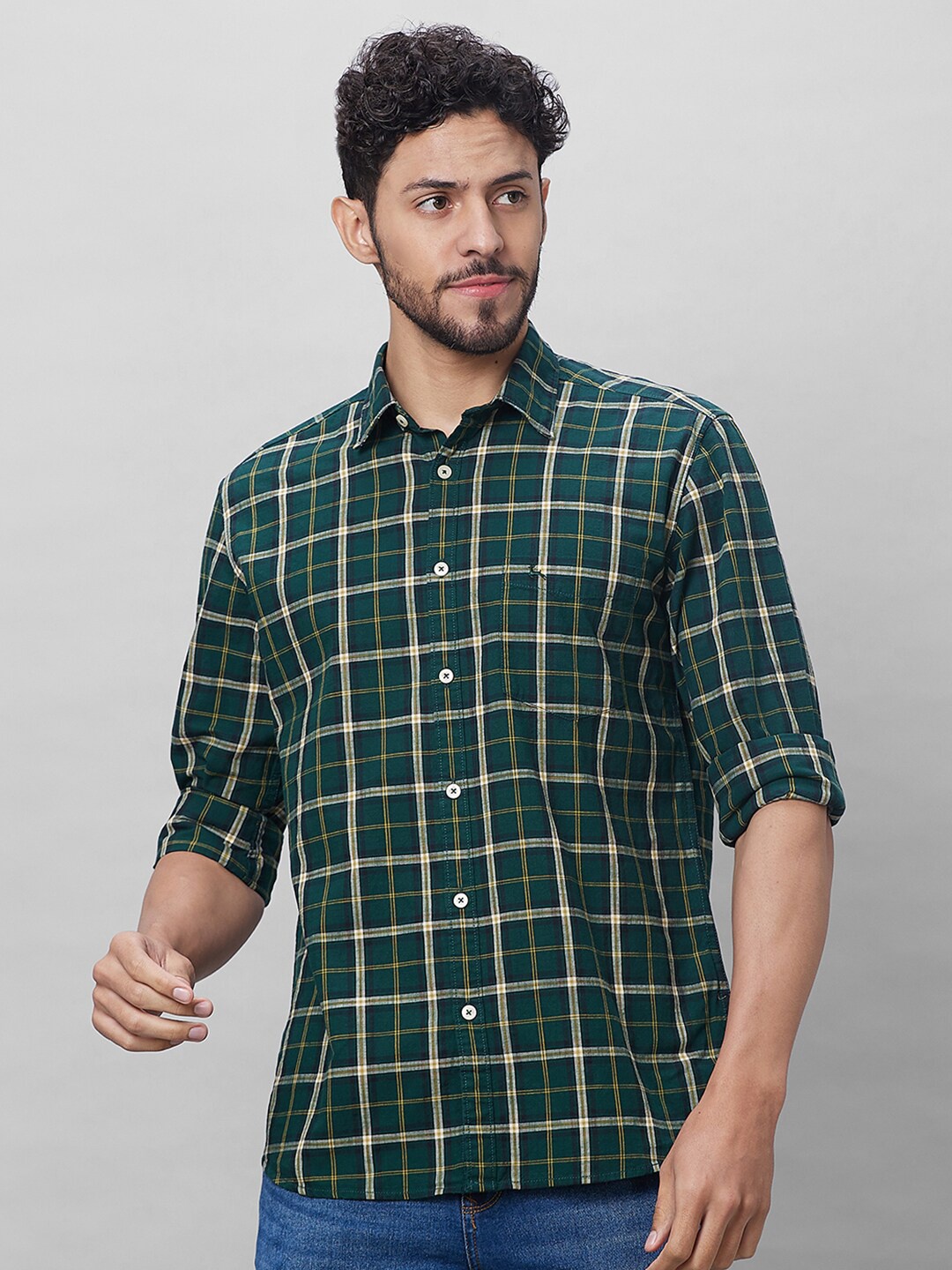 

Parx Slim Fit Tartan Checks Opaque Checked Cotton Casual Shirt, Green
