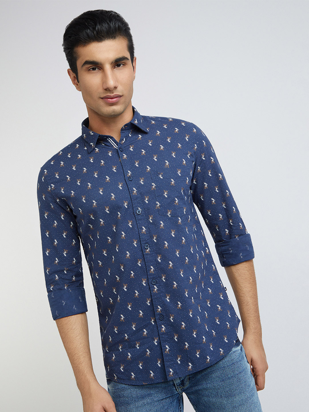 

Parx Slim Fit Cotton Printed Formal Shirt, Blue