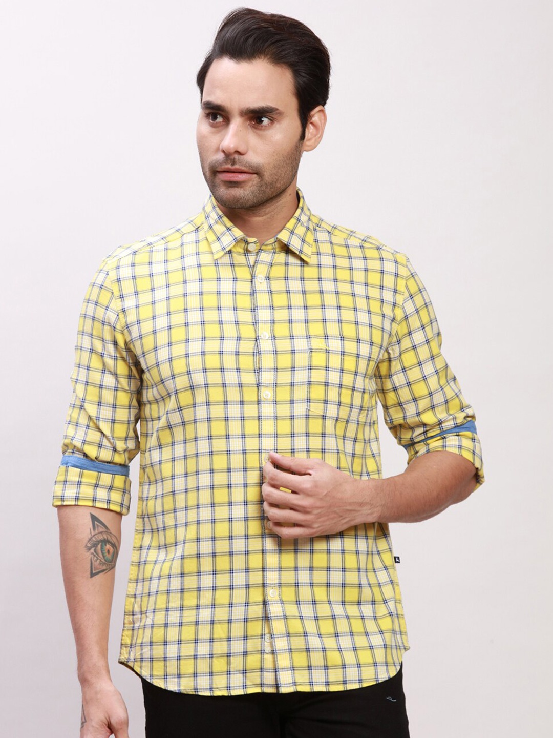 

Parx Slim Fit Cotton Checked Formal Shirt, Yellow