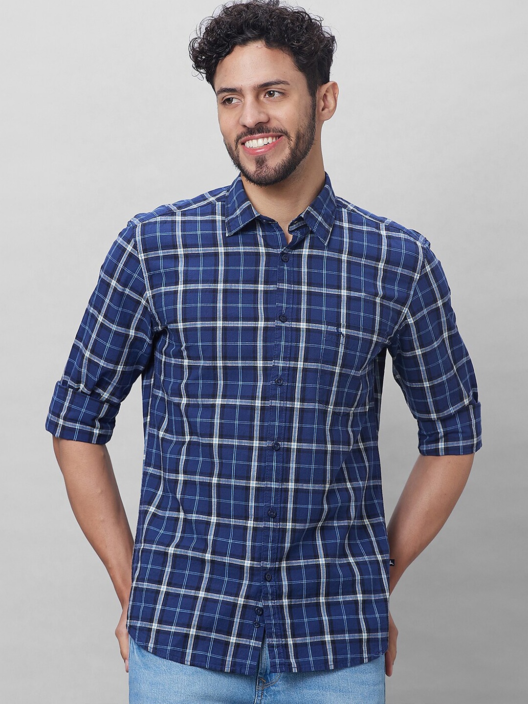 

Parx Tartan Checks Slim Fit Cotton Casual Shirt, Blue