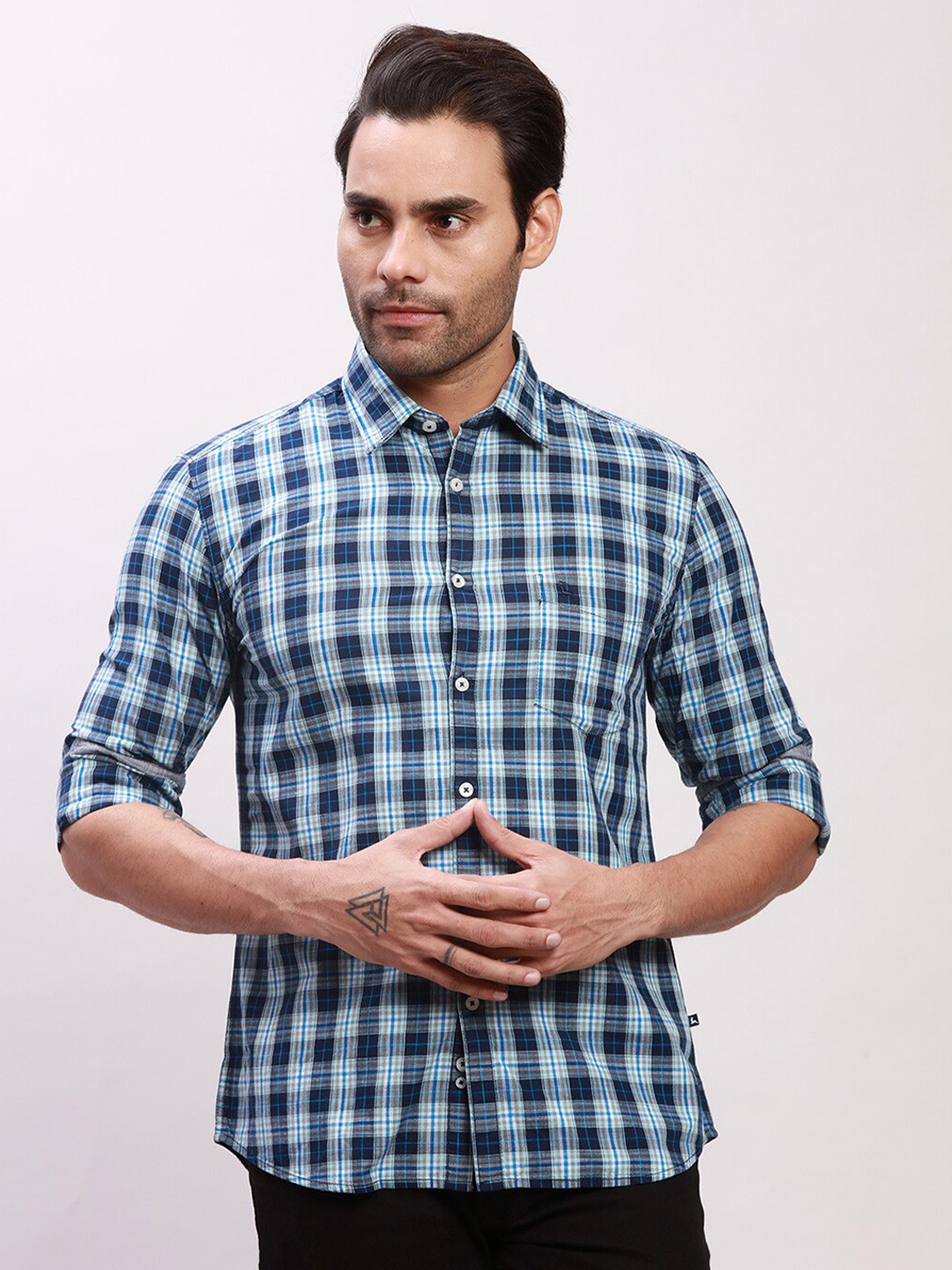 

Parx Tartan Checked Spread Collar Long Sleeves Cotton Slim Fit Formal Shirt, Blue