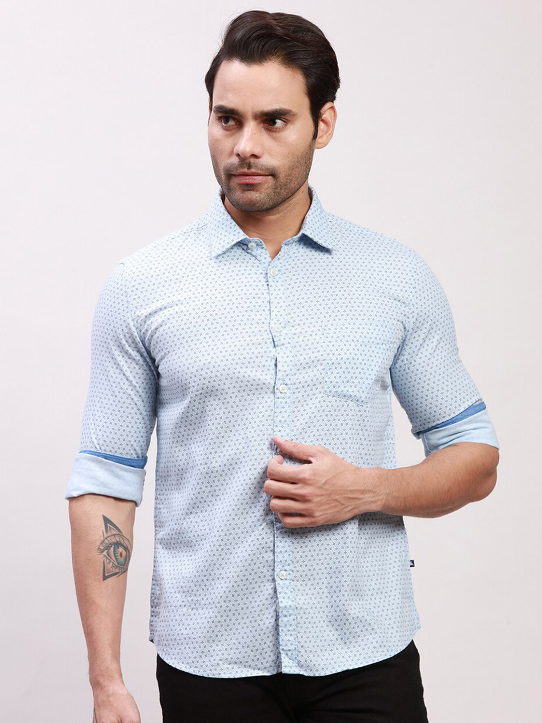 

Parx Micro Ditsy Spread Collar Long Sleeves Cotton Slim Fit Formal Shirt, Blue