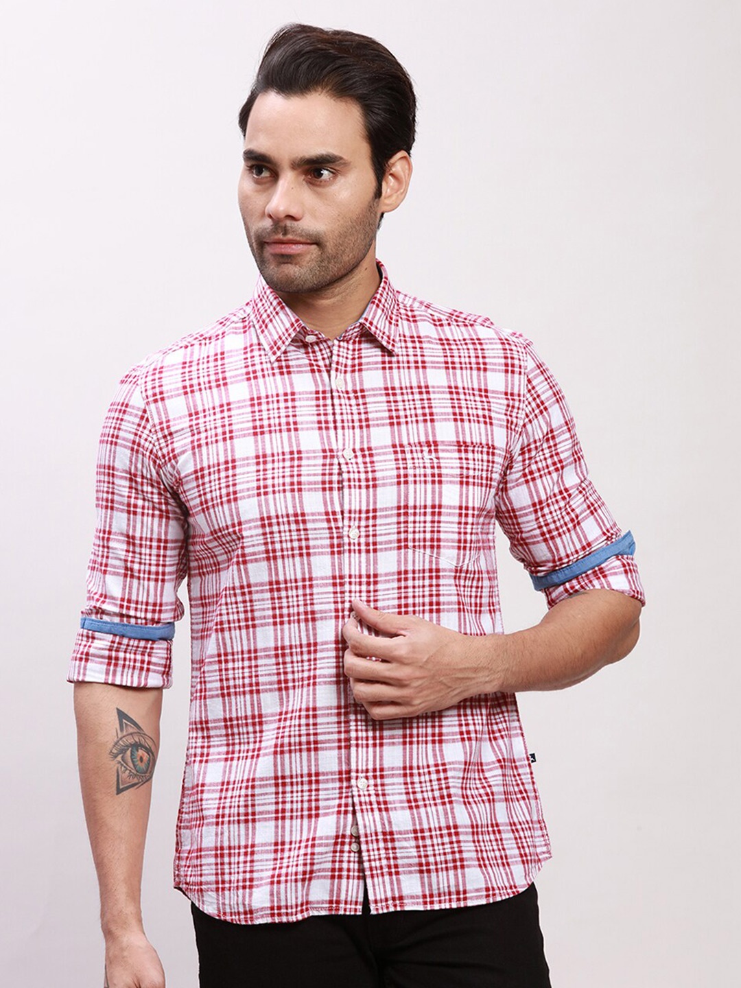 

Parx Slim Fit Tartan Checks Opaque Cotton Shirt, Red