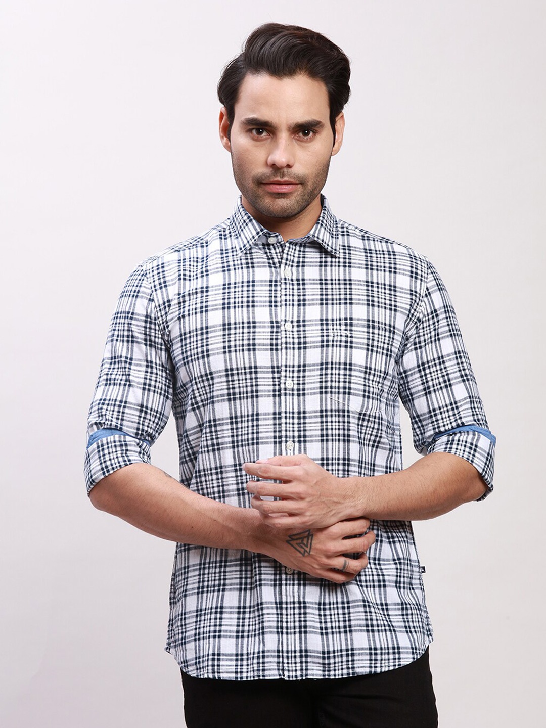

Parx Slim Fit Tartan Checks Checked Spread Collar Cotton Shirt, Blue