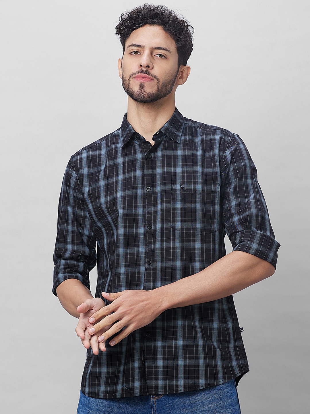 

Parx Slim Fit Tartan Checks Checked Cotton Formal Shirt, Black