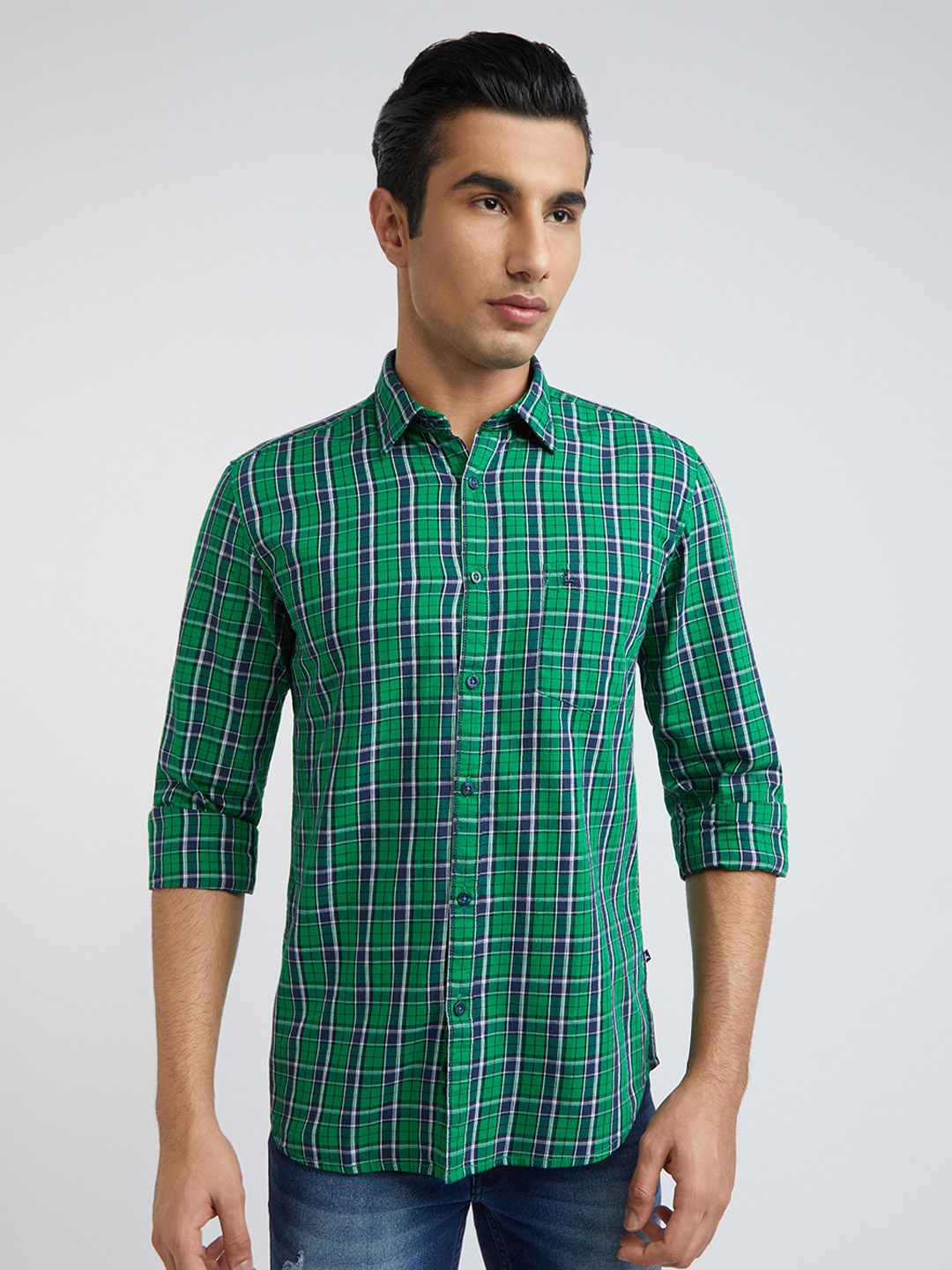 

Parx Slim Fit Tartan Checks Spread Collar Cotton Shirt, Green