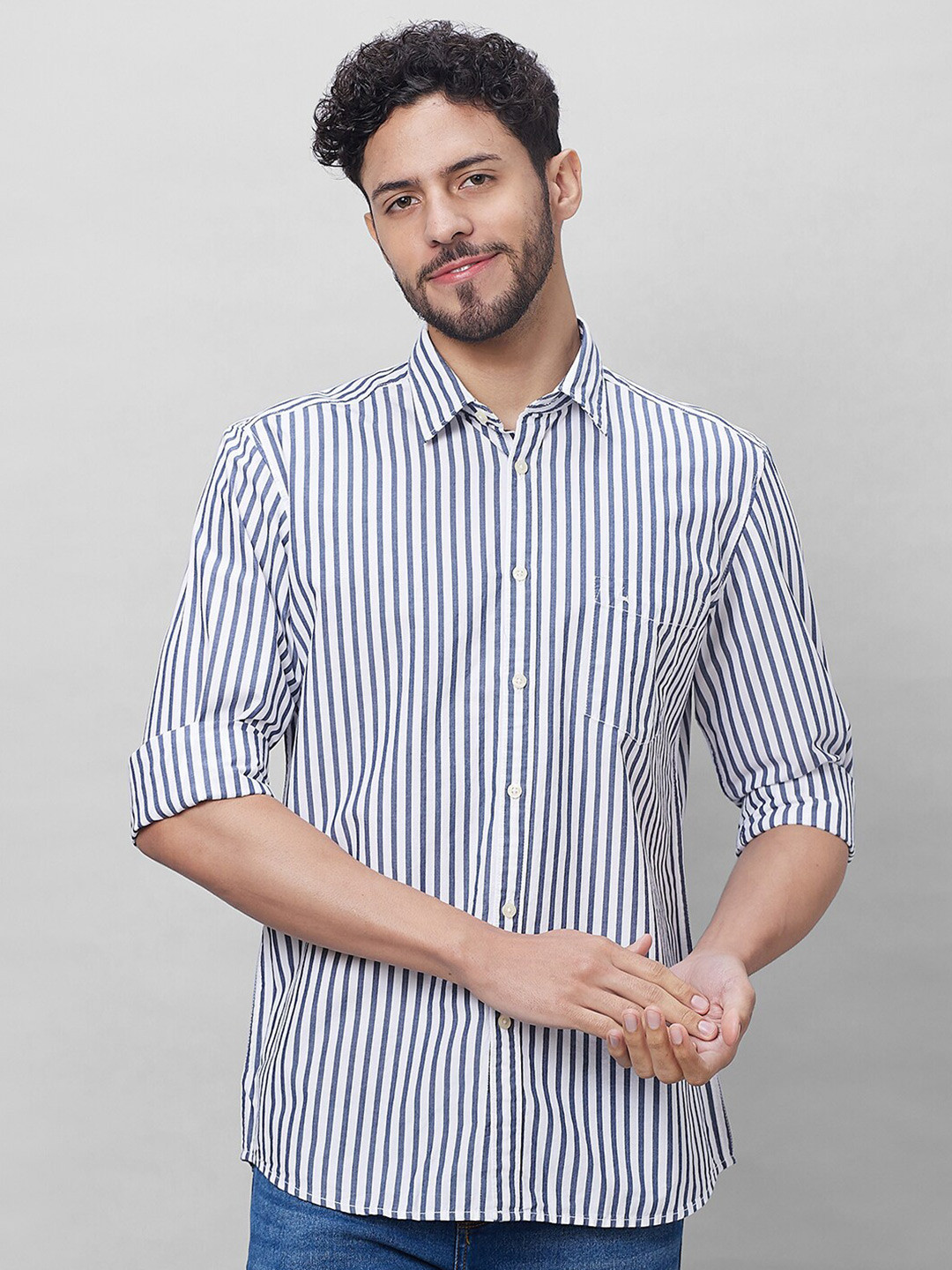 

Parx Slim Fit Opaque Striped Printed Cotton Shirt, Blue