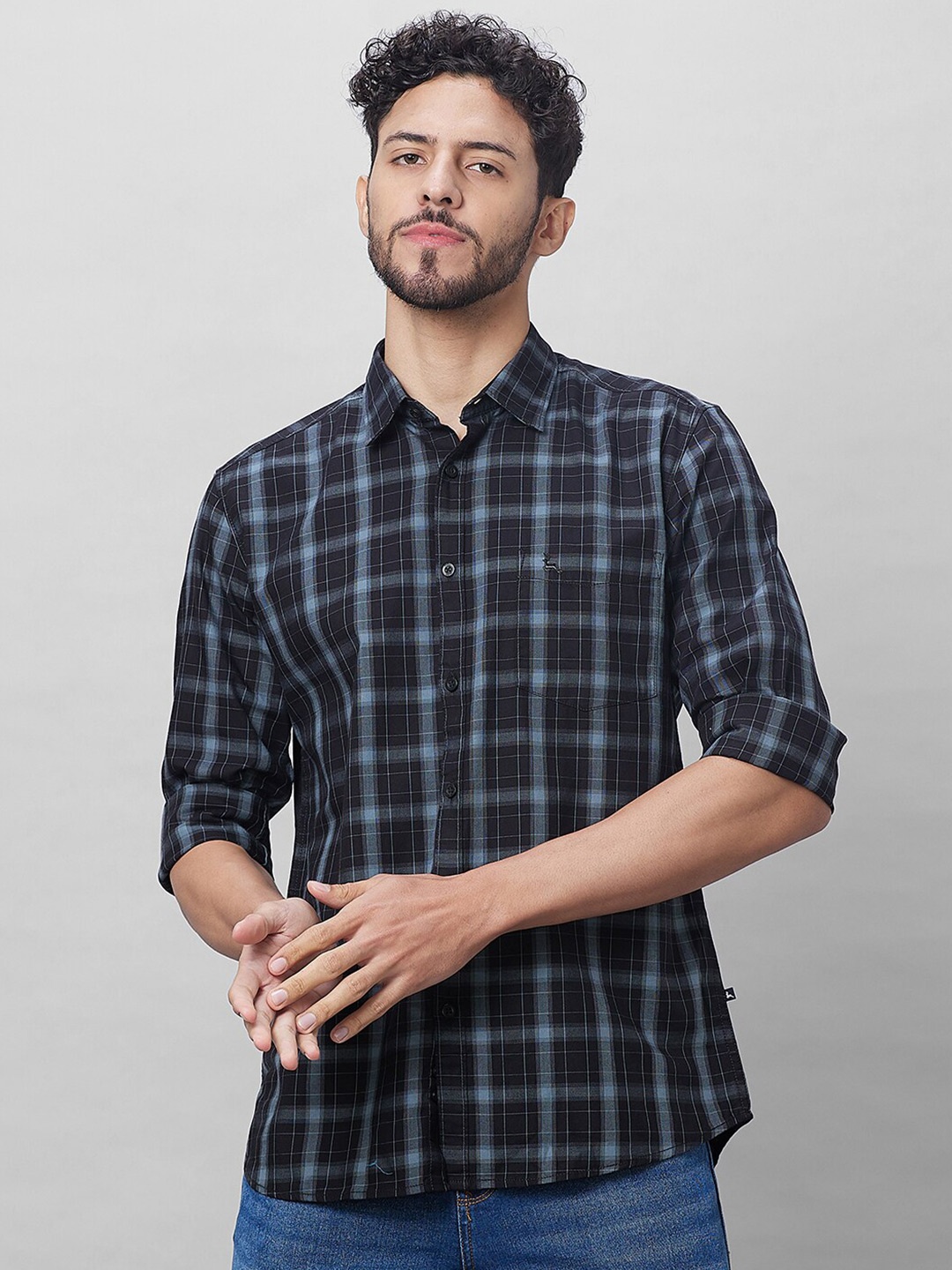 

Parx Slim Fit Tartan Checks Opaque Cotton Shirt, Black