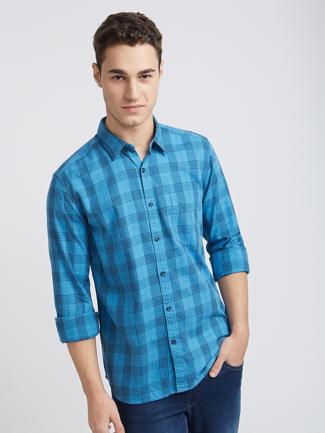 

Parx Slim Fit Buffalo Checks Opaque Cotton Shirt, Blue