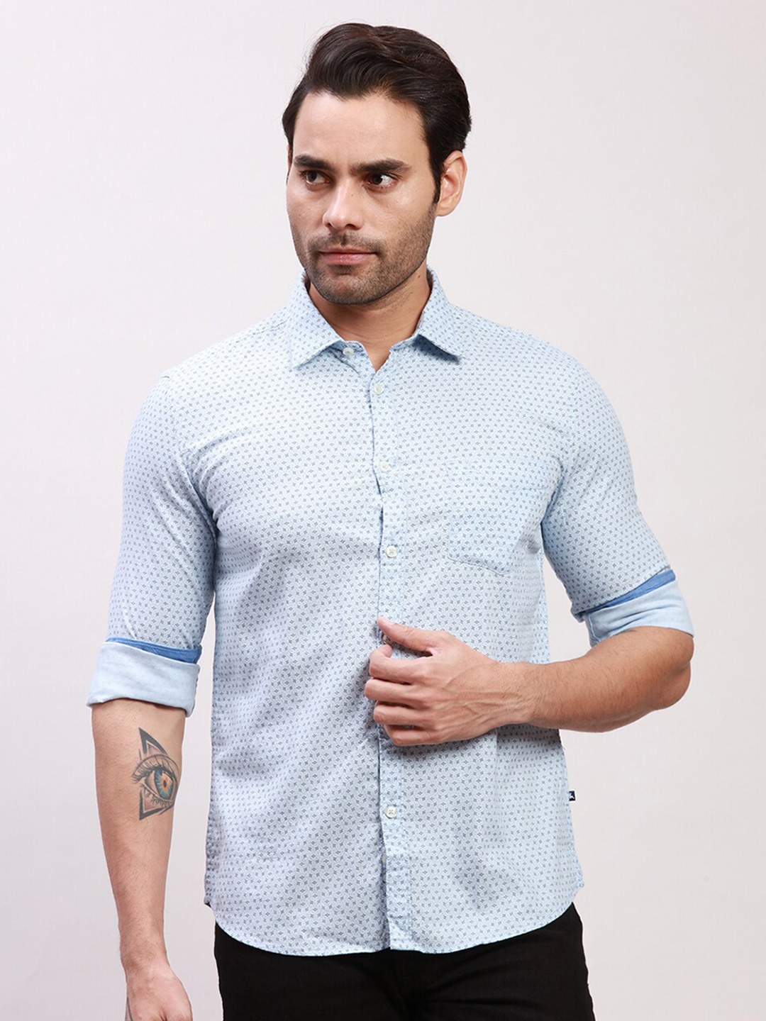 

Parx Slim Fit Micro Ditsy Printed Spread Collar Cotton Formal Shirt, Blue