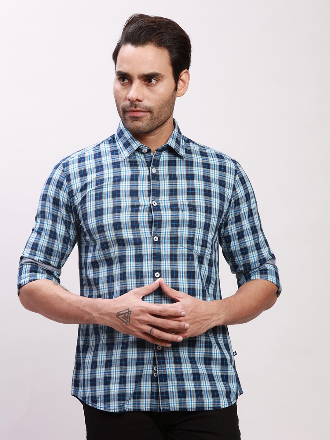 

Parx Slim Fit Tartan Checks Spread Collar Cotton Formal Shirt, Blue