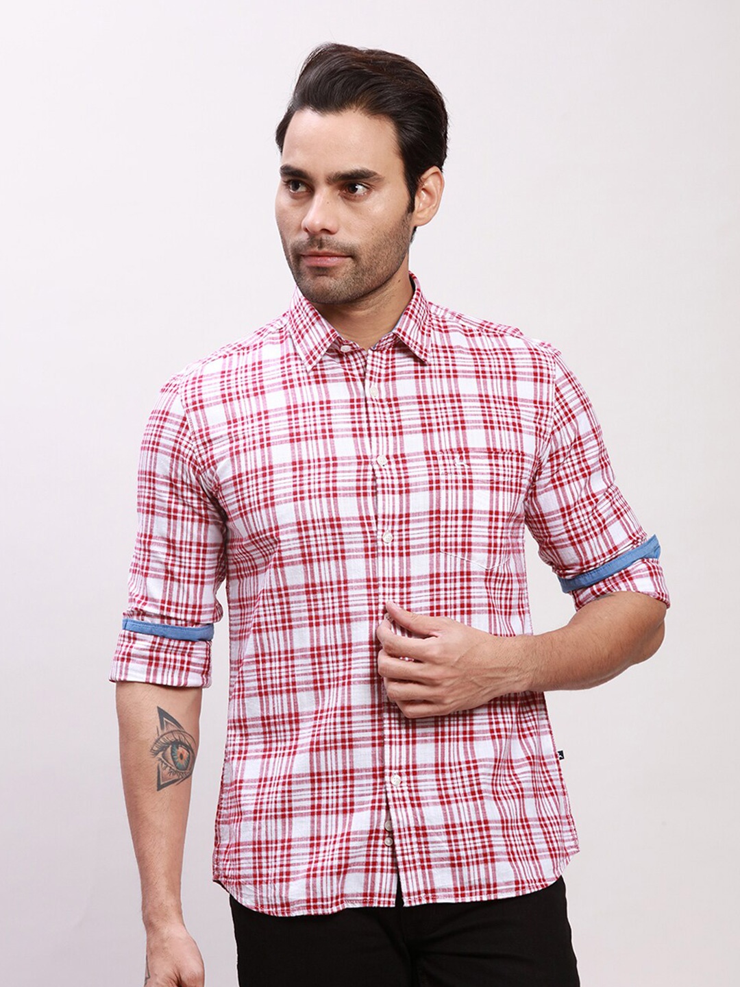 

Parx Slim Fit Tartan Checks Spread Collar Cotton Formal Shirt, White