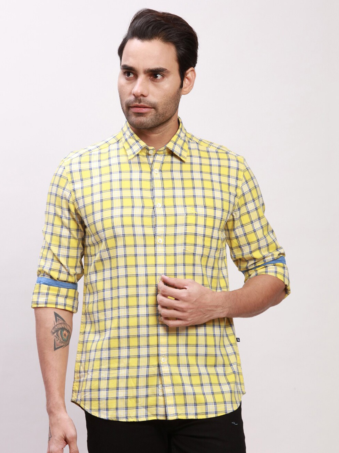 

Parx Slim Fit Checked Spread Collar Cotton Formal Shirt, Yellow