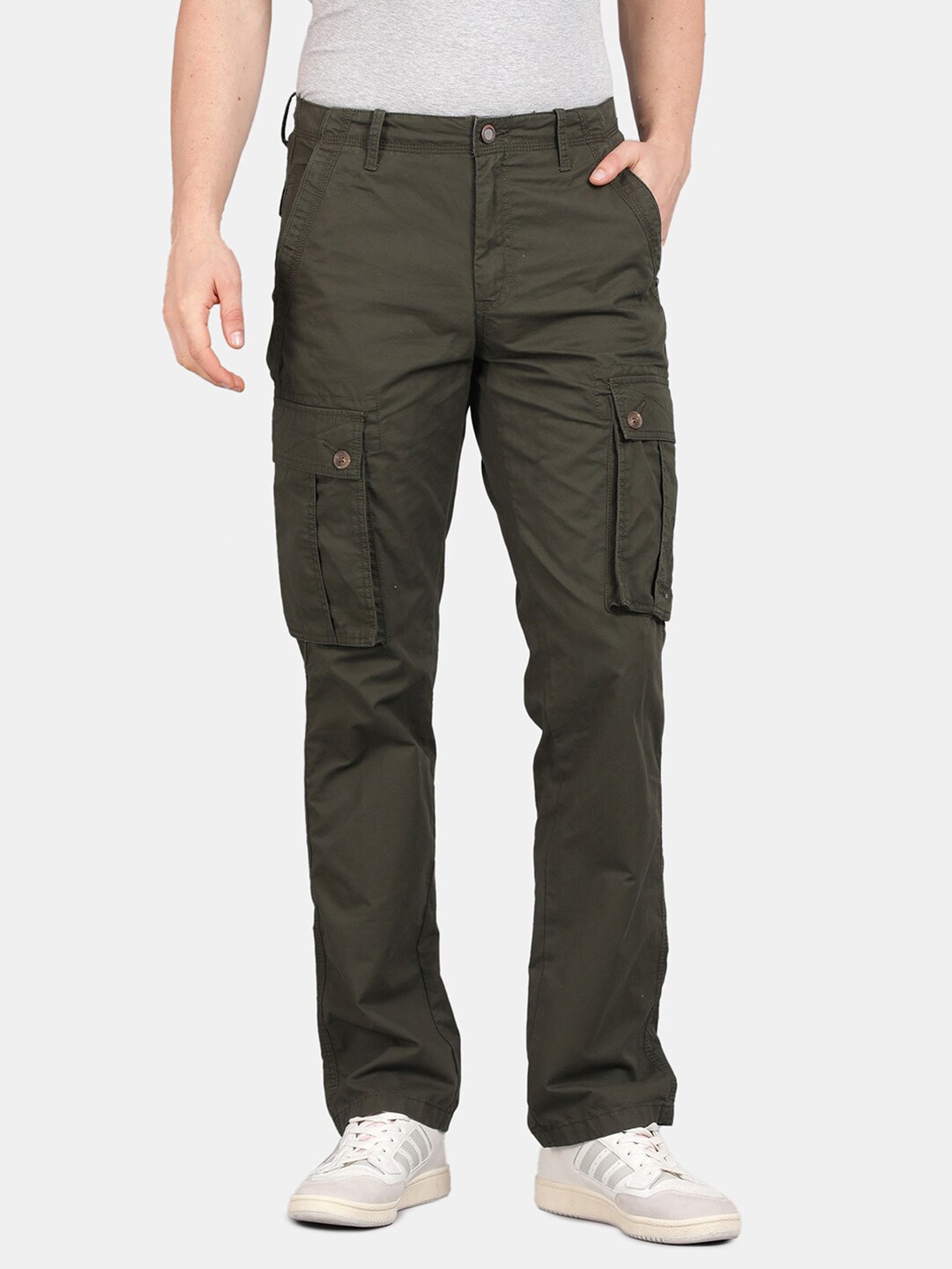

t-base Men Mid Rise Pure Cotton Cargos, Olive