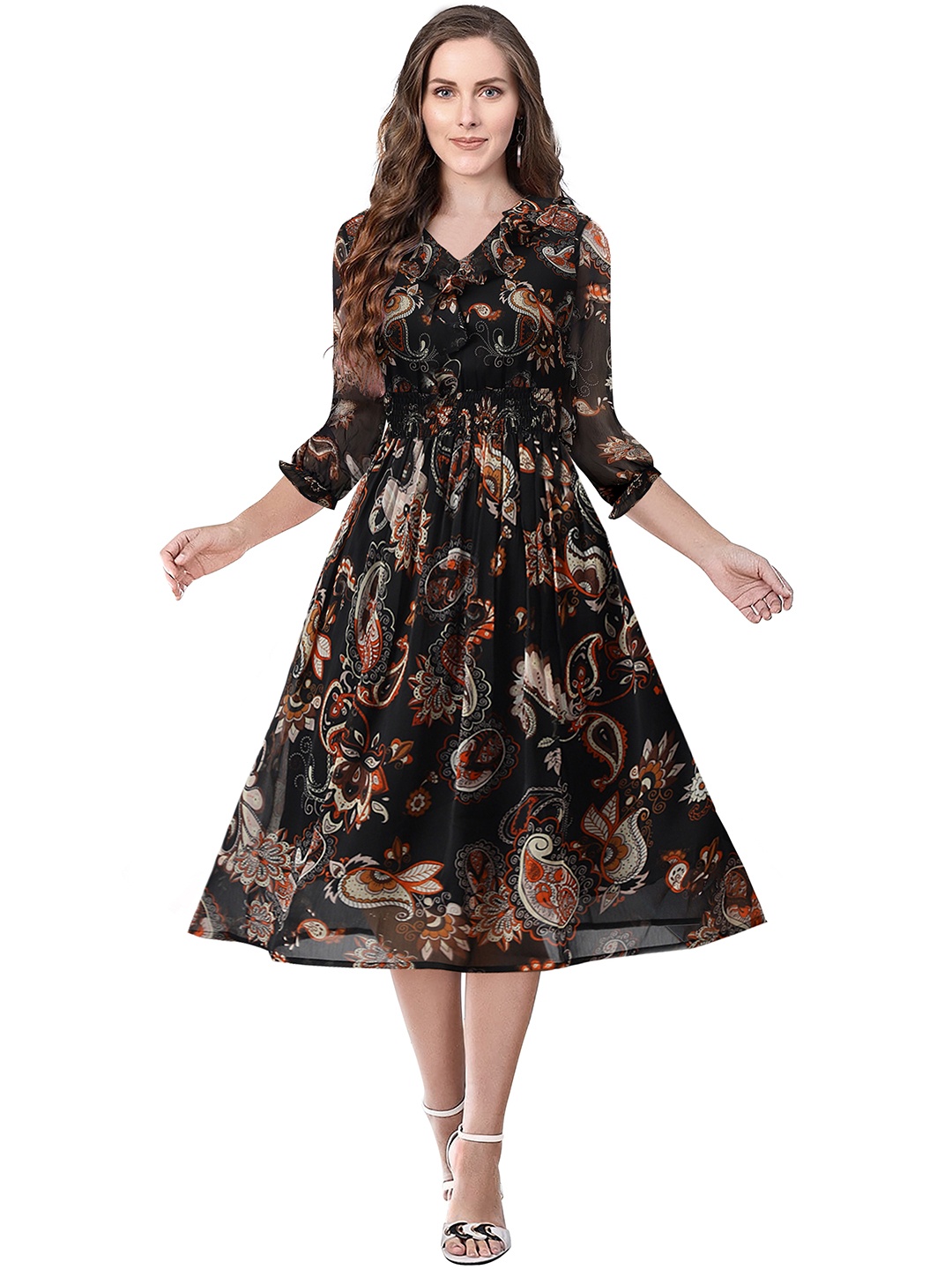 

BAESD Paisley Printed Georgette Fit & Flare Dress, Black