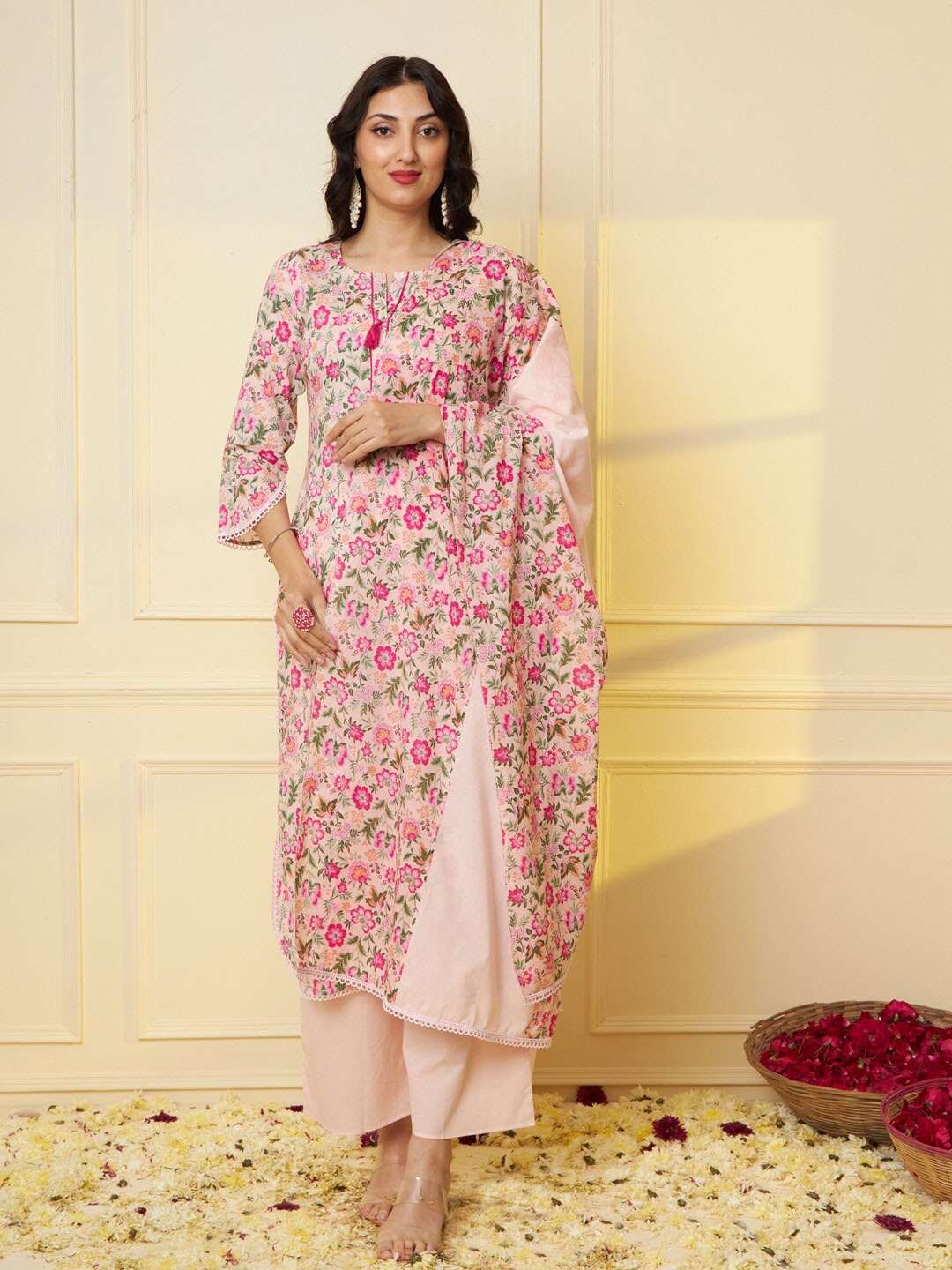 

Tissu Floral Printed Pure Cotton Straight Kurta with Palazzos Dupatta, Beige