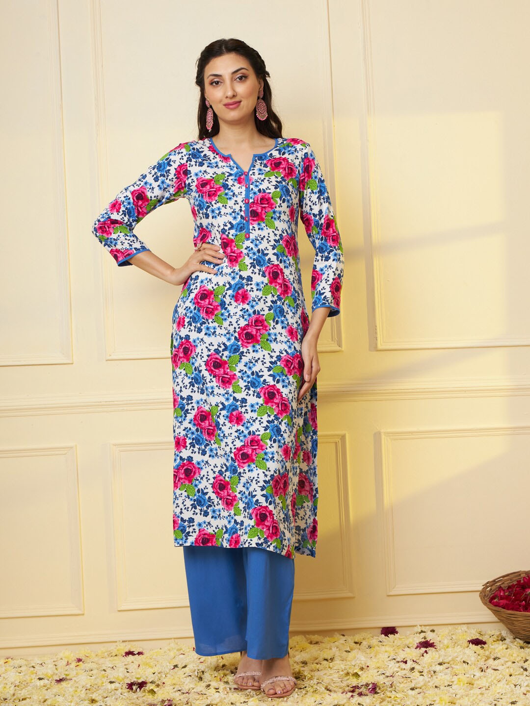 

Tissu Floral Printed Straight Kurta with Palazzos, White