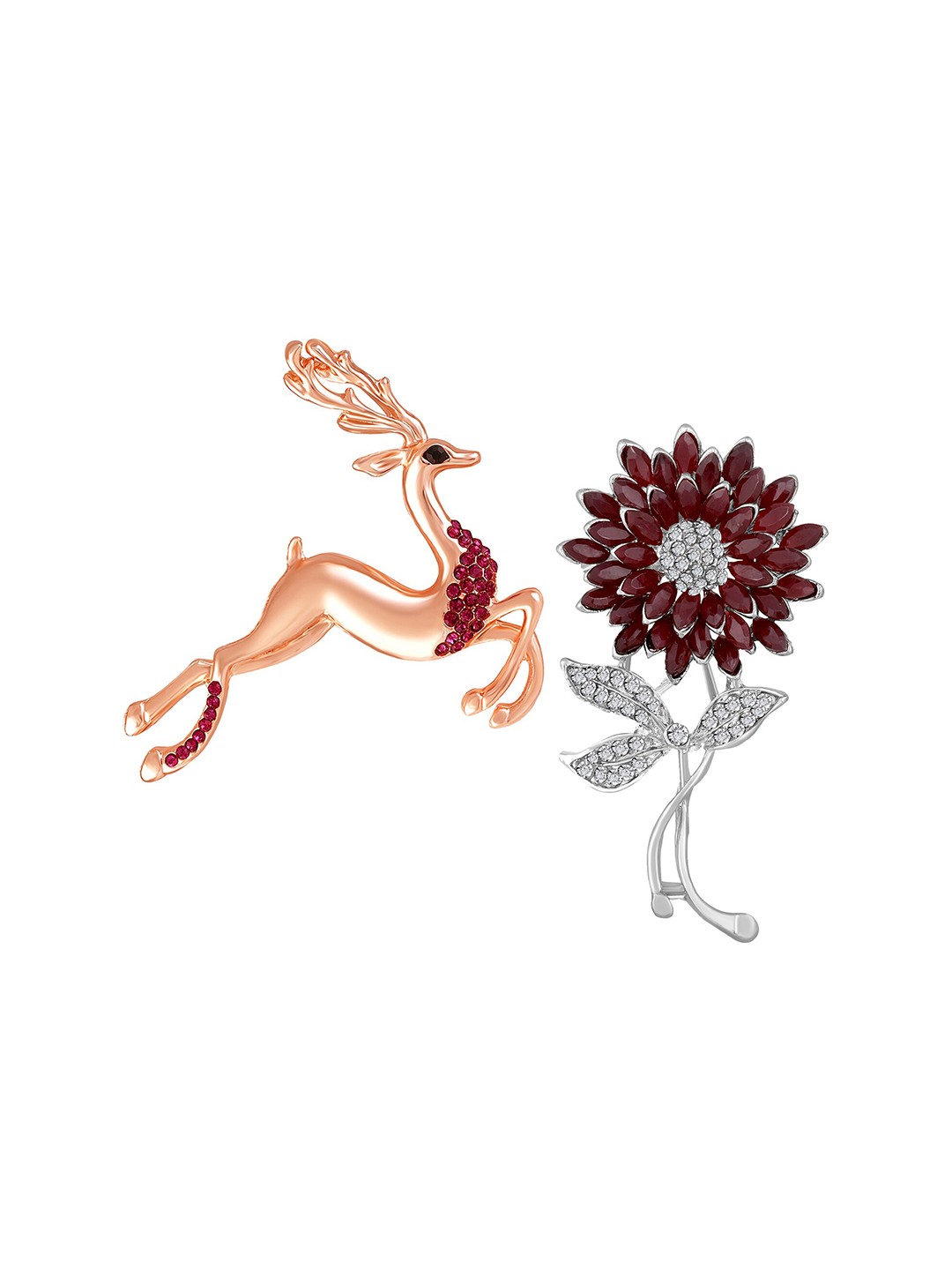 

Mahi Women Set Of 2 Crystals Floral & Deer-Shaped Wedding Brooch, Pink