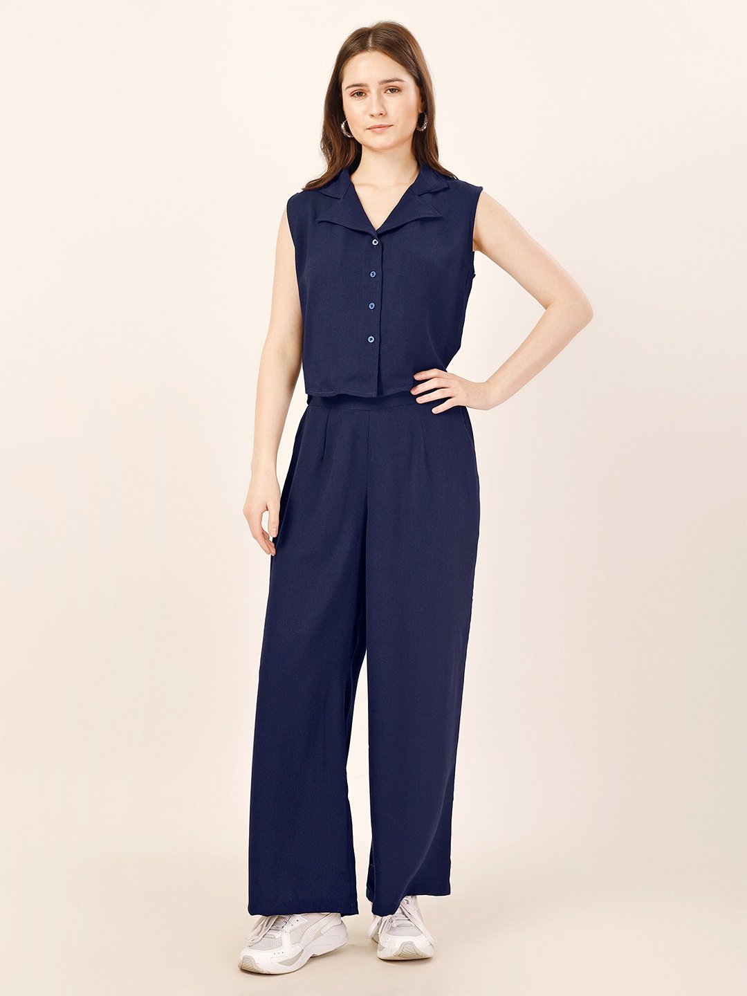 

Fashfun Notched Lapel Collar Sleeveless Shirt With Trouser, Blue