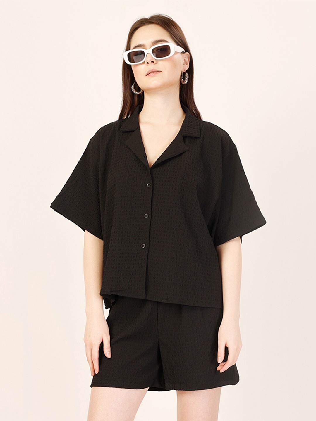 

Fashfun Textured Shirt Collar Drop Shoulder Sleeves Shirt With Shorts, Black