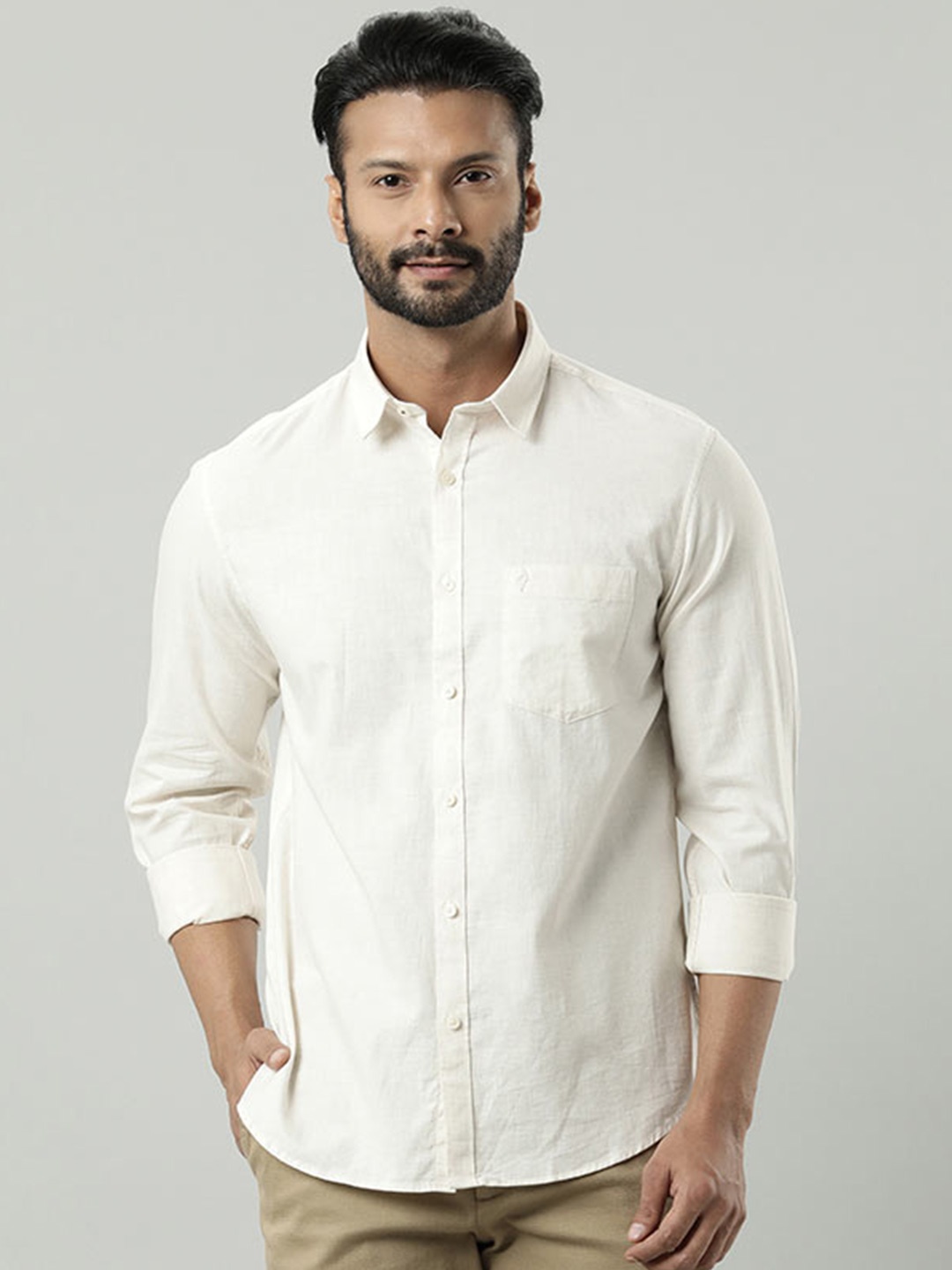 

Indian Terrain Spread Collar Pure Cotton Slim Fit Casual Shirt, Beige