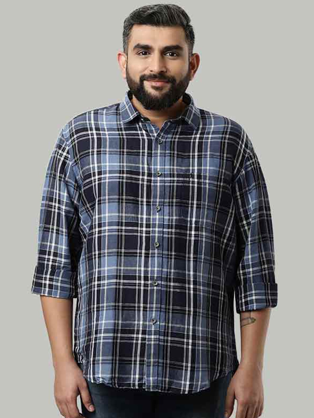 

Indian Terrain Tartan Checks Spread Collar Slim Fit Casual Shirt, Black