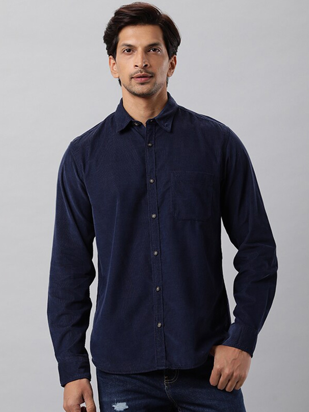 

Indian Terrain Spread Collar Long Sleeves Curved Slim Fit Casual Shirt, Navy blue