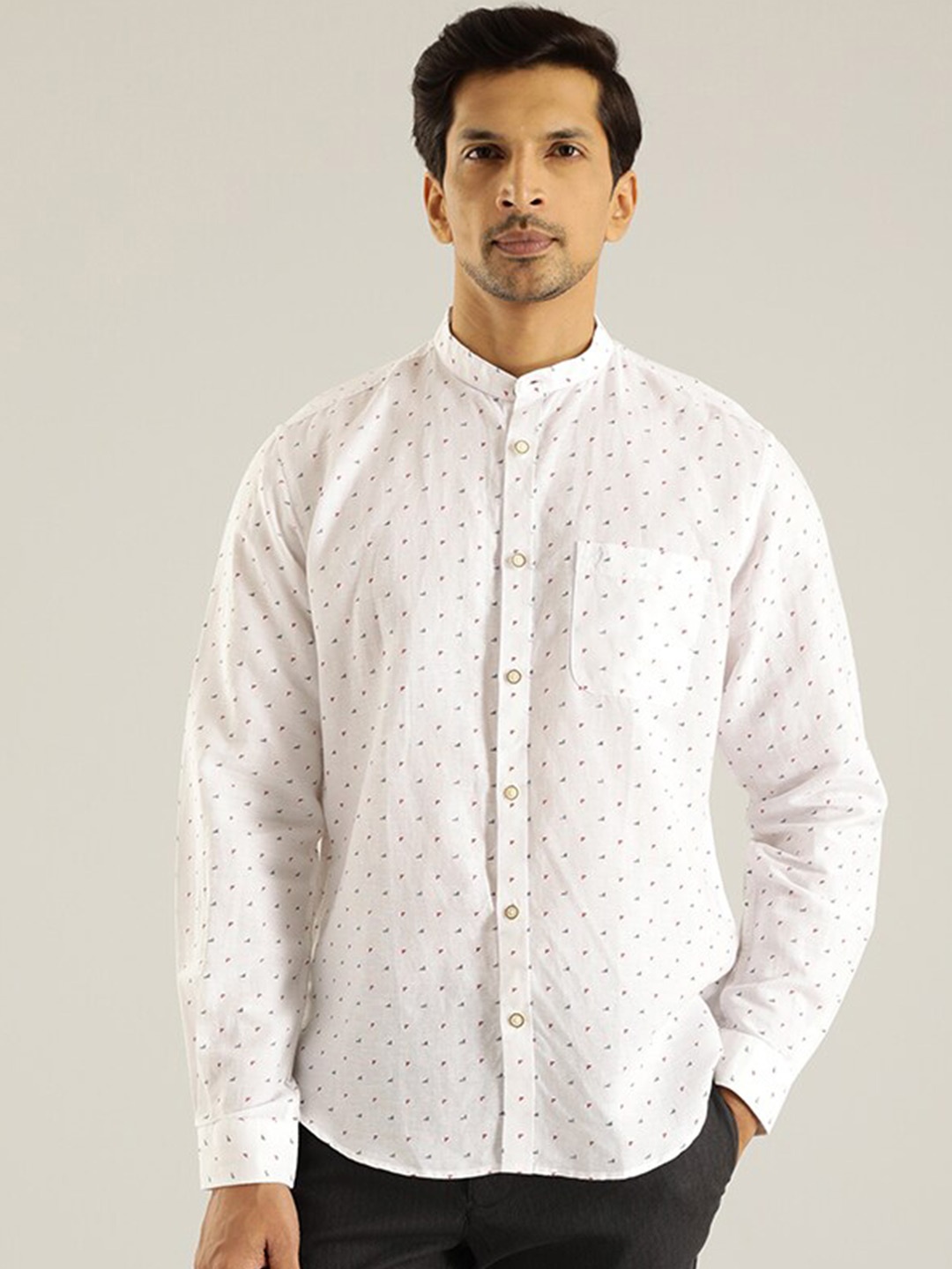 

Indian Terrain Micro Ditsy Printed Mandarin Collar Long Sleeves Shirt, White