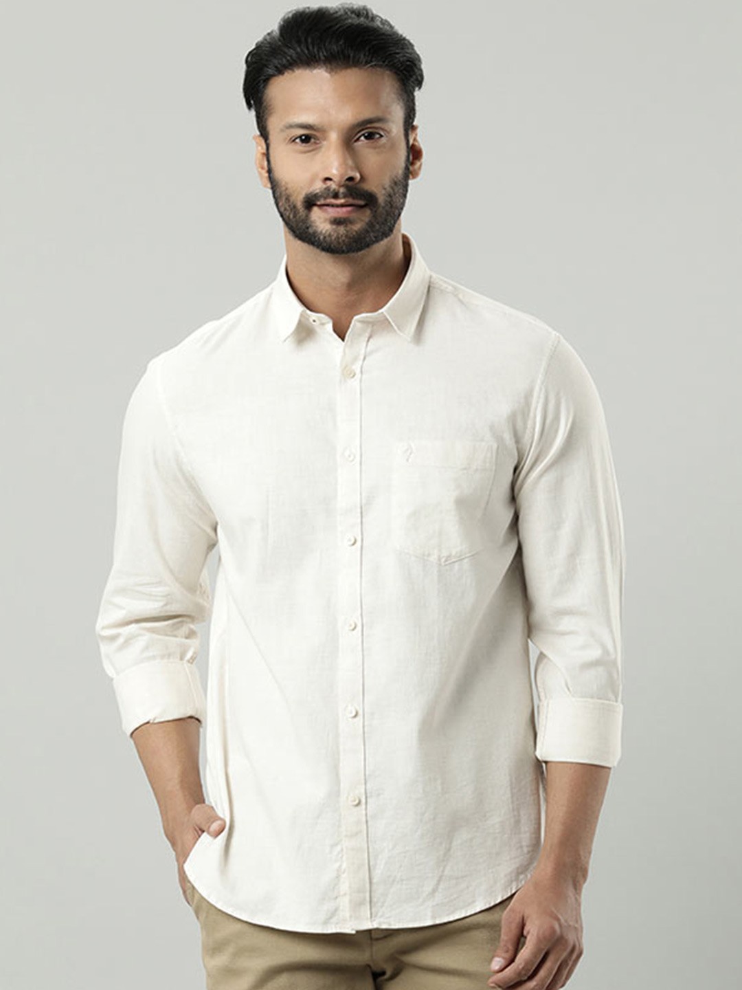 

Indian Terrain Spread Collar Long Sleeves Cotton Slim Fit Casual Shirt, Beige