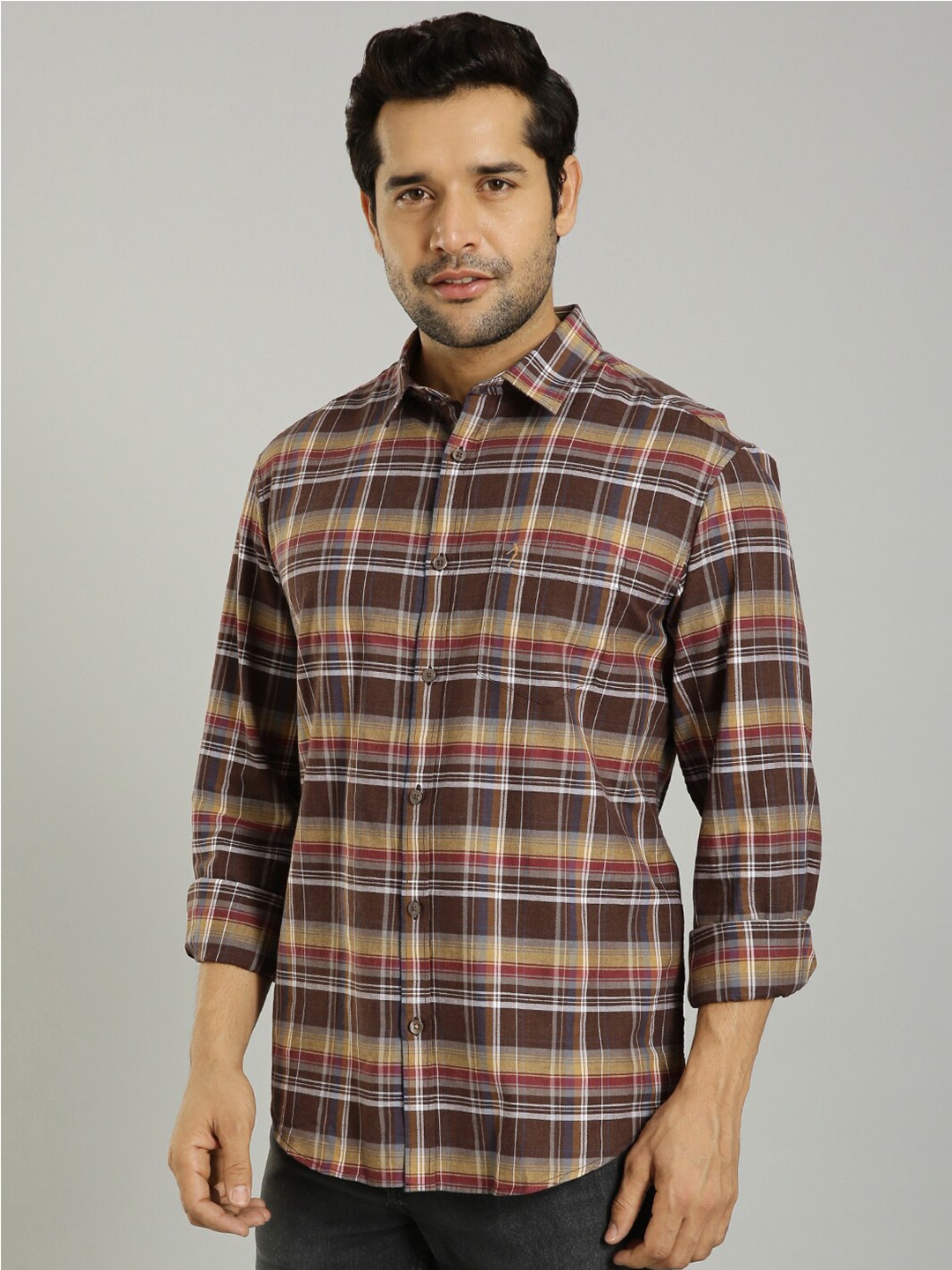 

Indian Terrain Tartan Checked Spread Collar Long Sleeves Cotton Slim Fit Casual Shirt, Brown