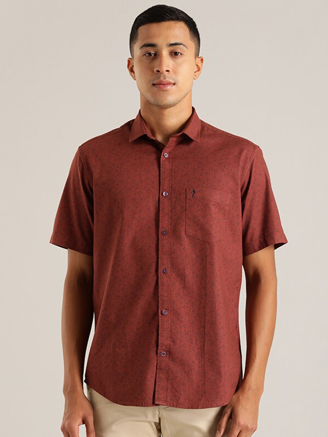 

Indian Terrain Floral Printed Spread Collar Short Sleeves Casual Linen Shirt, Maroon