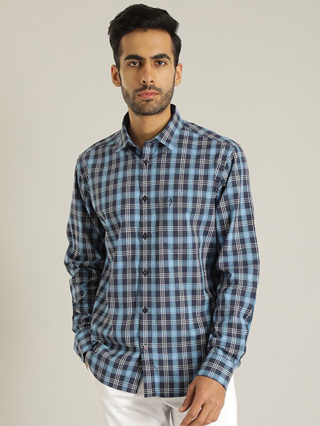 

Indian Terrain Tartan Checked Spread Collar Long Sleeves Cotton Slim Fit Casual Shirt, Blue