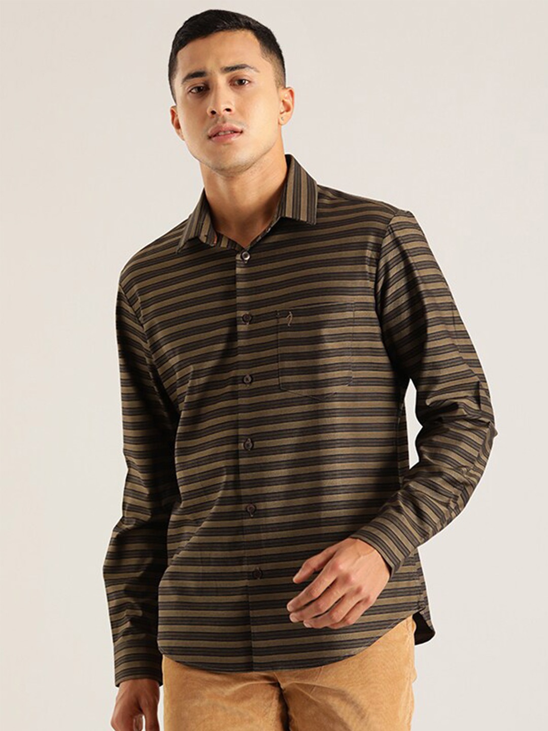 

Indian Terrain Horizontal Stripes Spread Collar Long Sleeves Cotton Slim Fit Casual Shirt, Khaki
