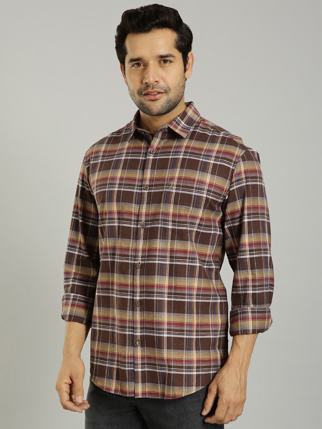 

Indian Terrain Tartan Checks Slim Fit Cotton Casual Shirt, Brown