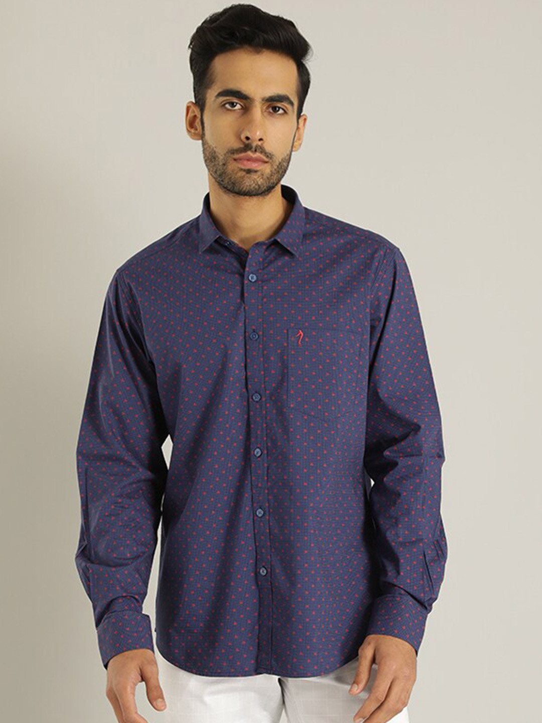 

Indian Terrain Slim Fit Floral Printed Spread Collar Long Sleeves Cotton Casual Shirt, White