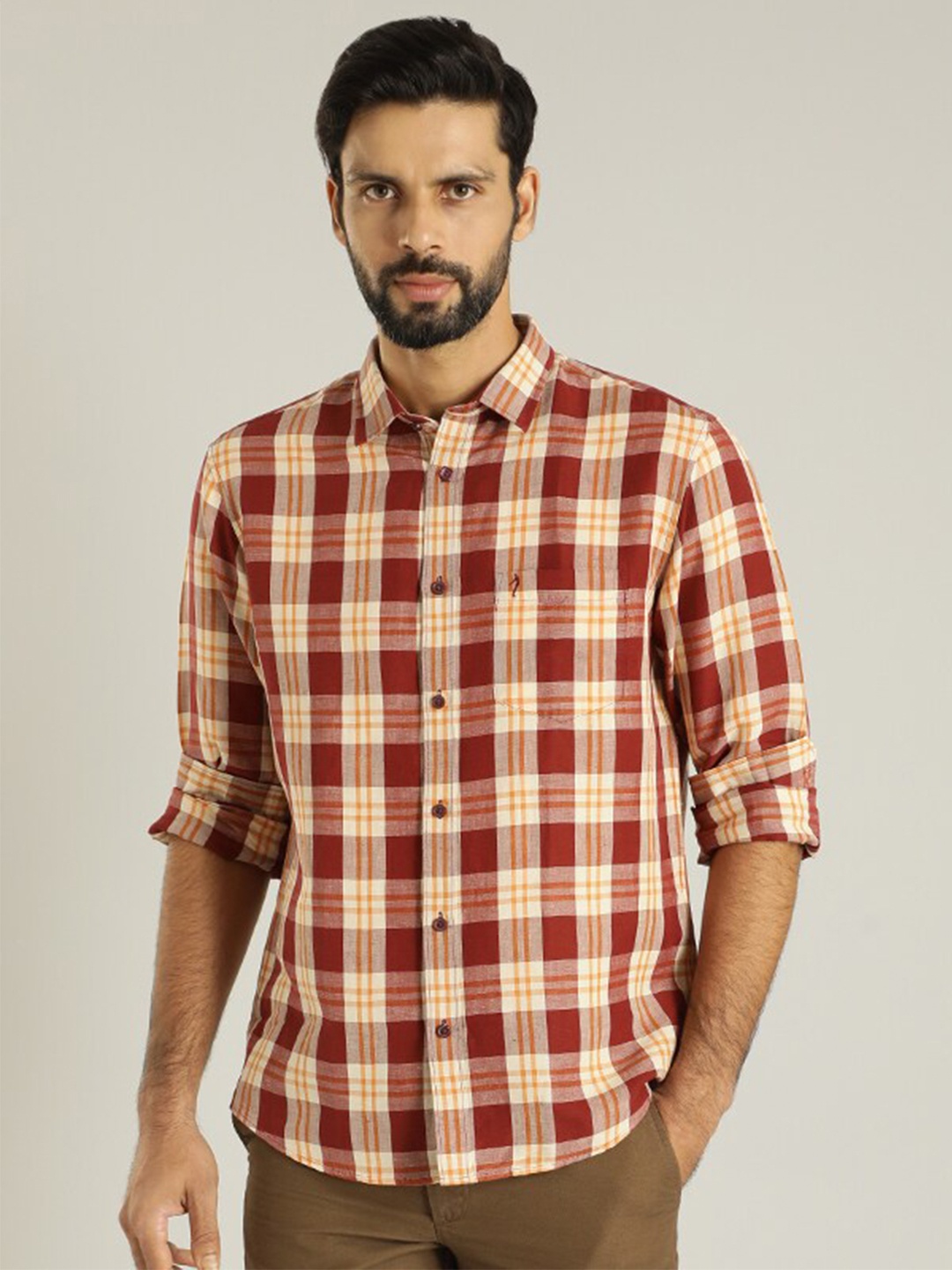 

Indian Terrain Slim Fit Tartan Checked Long Sleeves Cotton Casual Shirt, Maroon