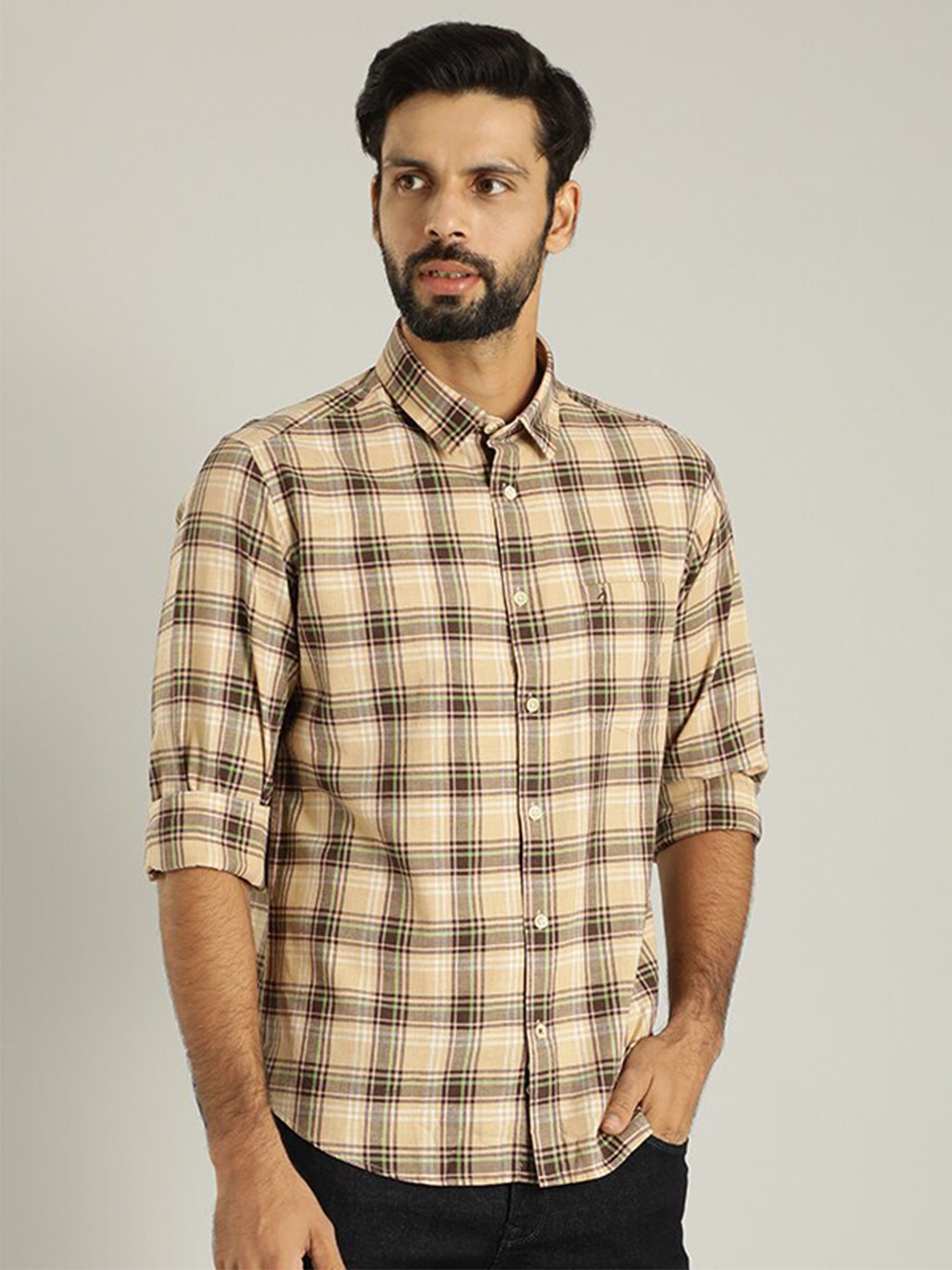 

Indian Terrain Slim Fit Tartan Checked Long Sleeves Cotton Casual Shirt, Brown