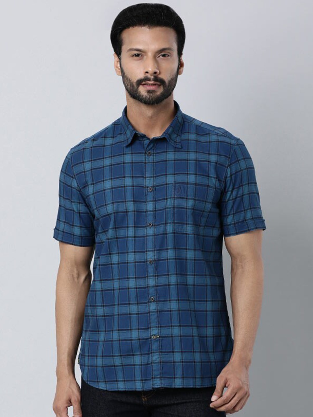 

Indian Terrain Checked Slim Fit Cotton Casual Shirt, Blue