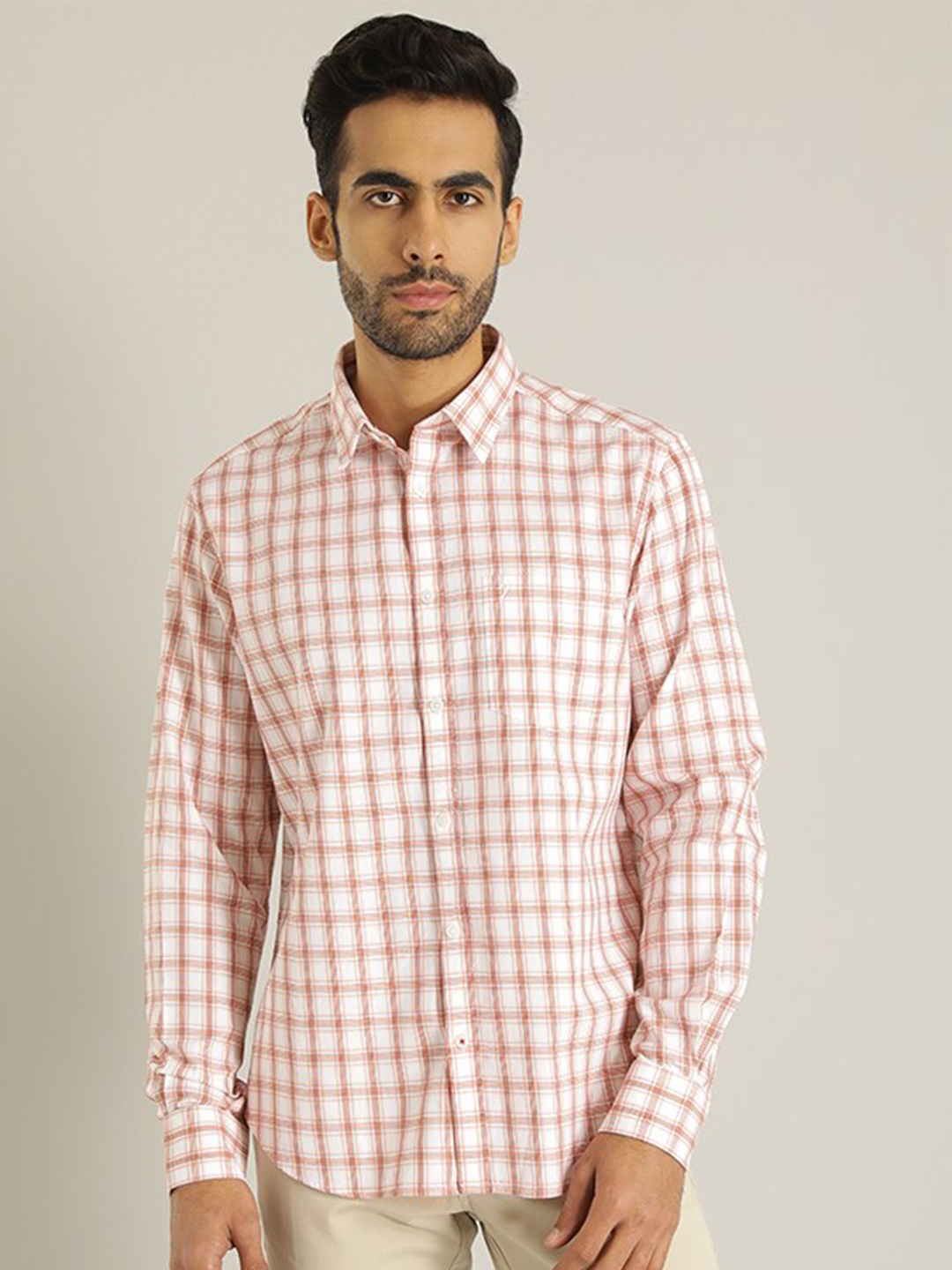 

Indian Terrain Cotton Slim Fit Gingham Checks Opaque Checked Casual Shirt, Peach