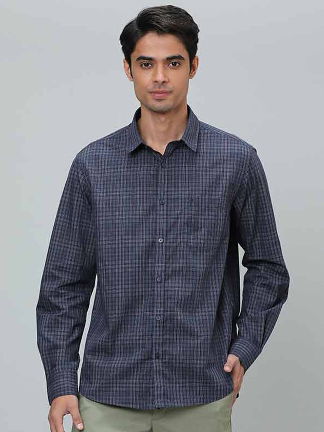 

Indian Terrain Cotton Slim Fit Tartan Checks Opaque Checked Casual Shirt, Navy blue