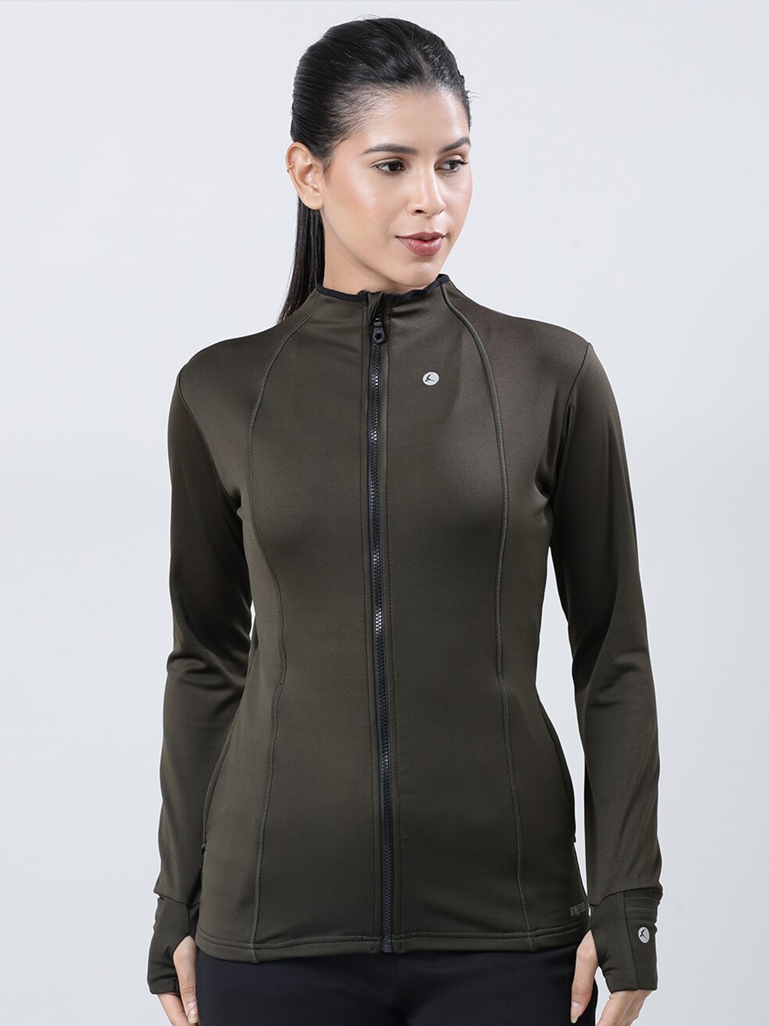 

Lovable Sport Mock Collar Training Sporty Jacket With Thumbholes, Olive