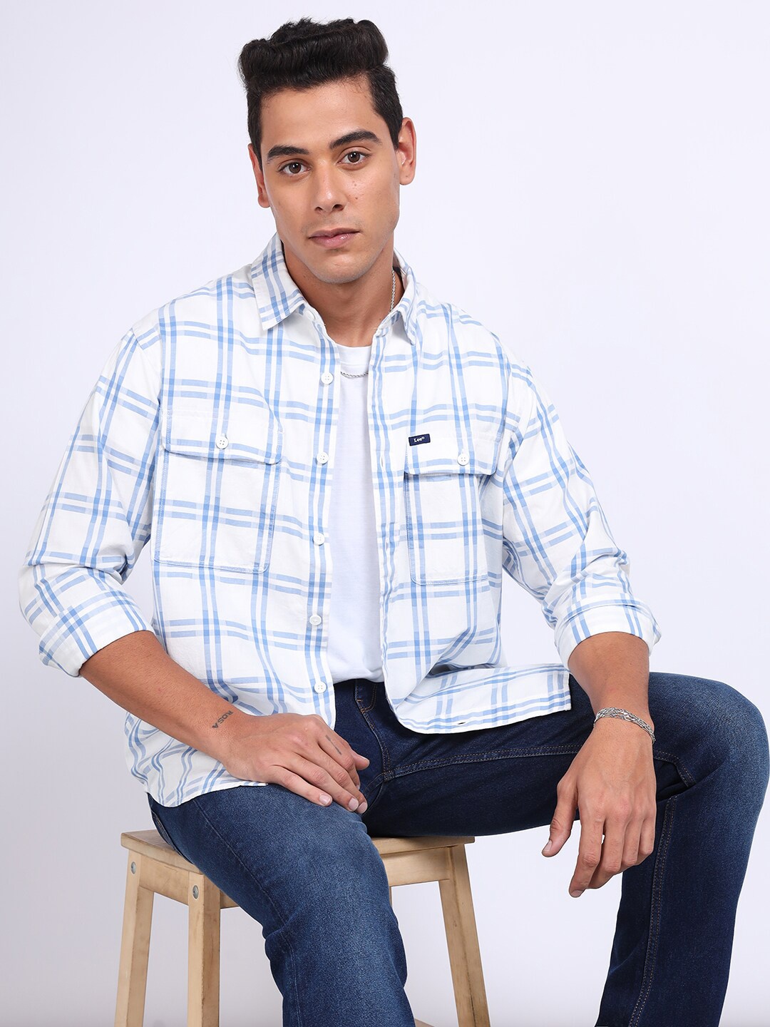 

Lee Relaxed Windowpane Checked Spread Collar Pure Cotton Casual Shirt, White
