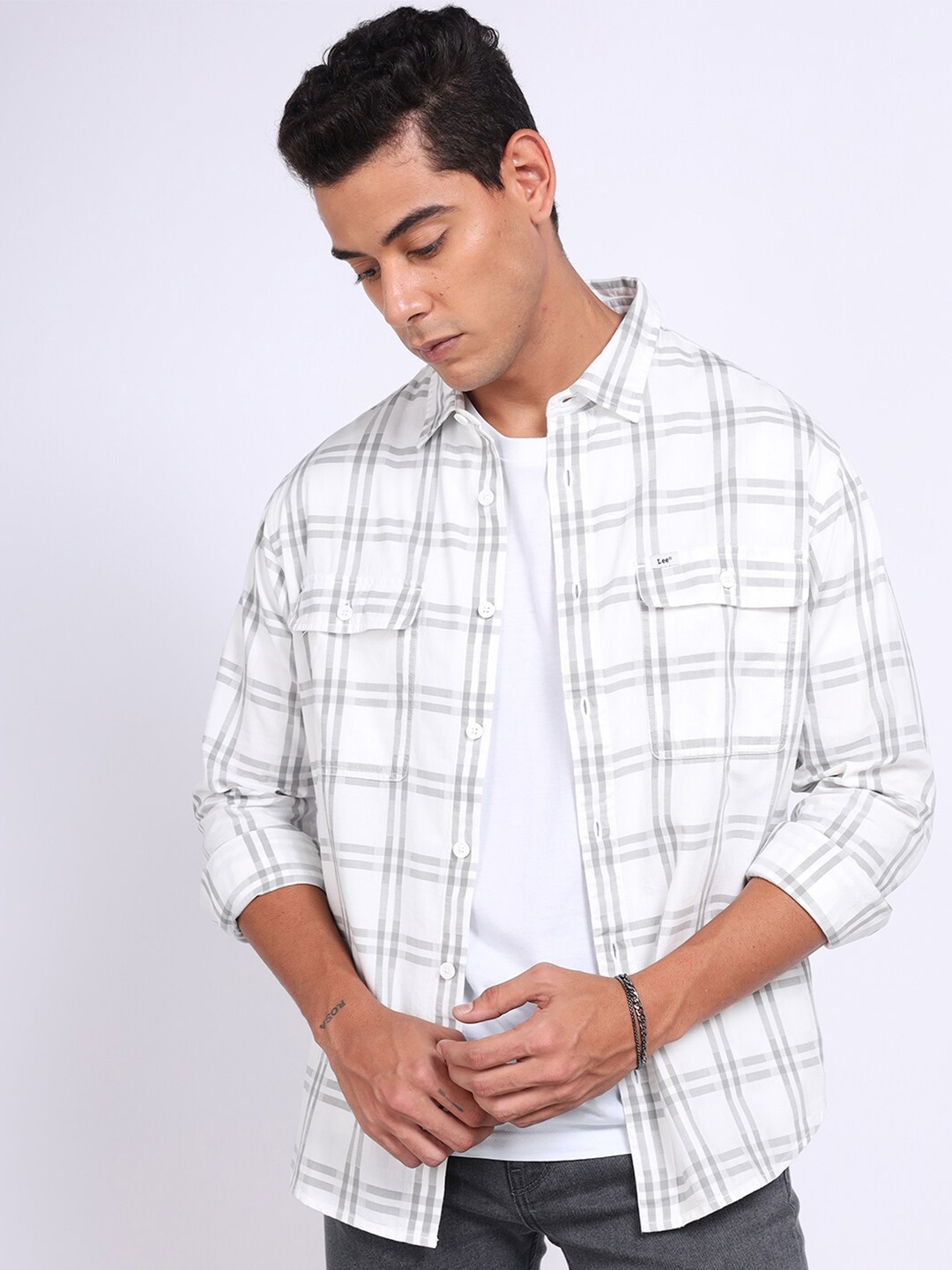 

Lee Relaxed Windowpane Checked Spread Collar Pure Cotton Casual Shirt, White