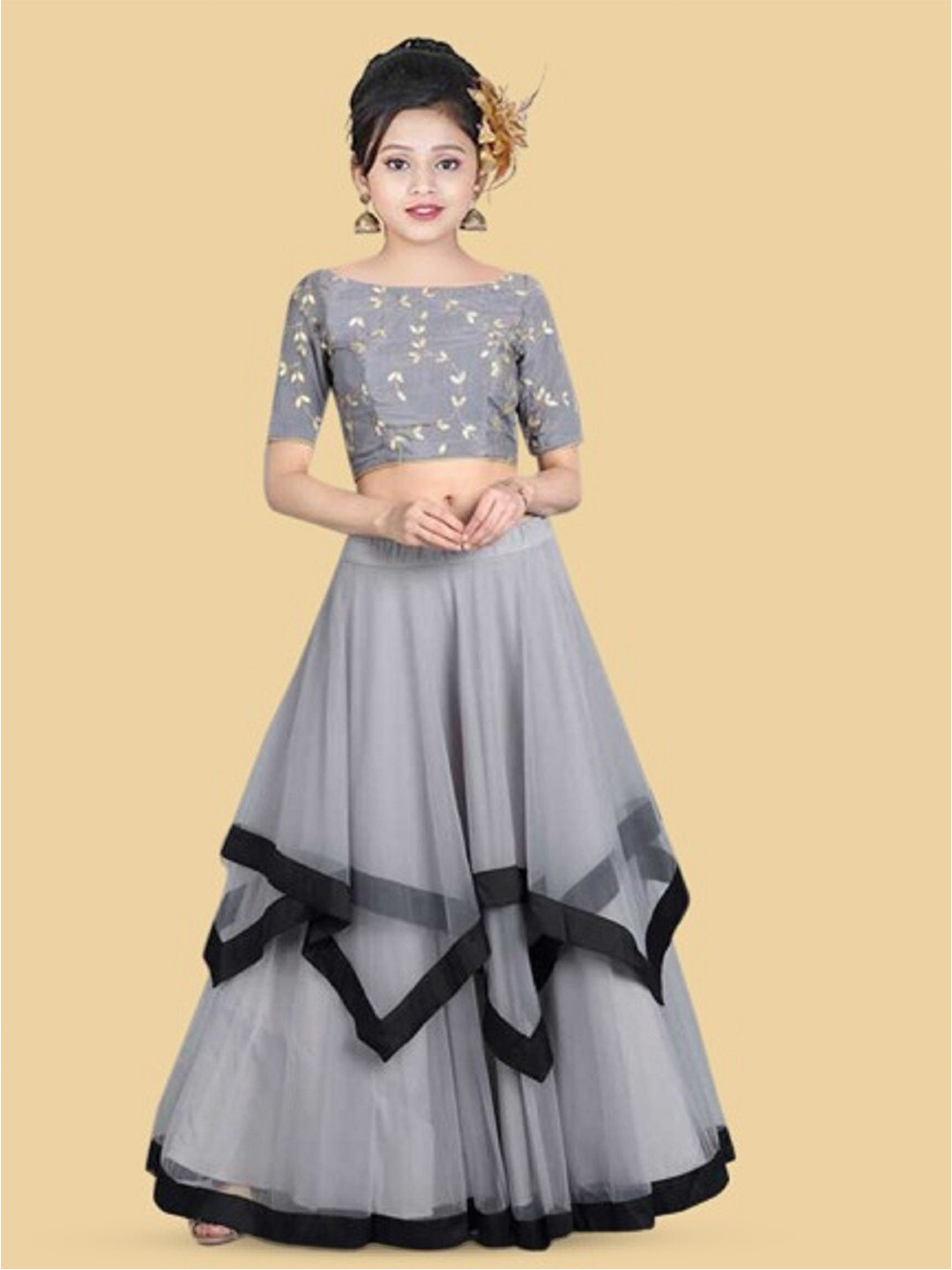 

BAESD Girls Embroidered Net Semi-Stitched Lehenga & Unstitched Blouse With Dupatta, Grey