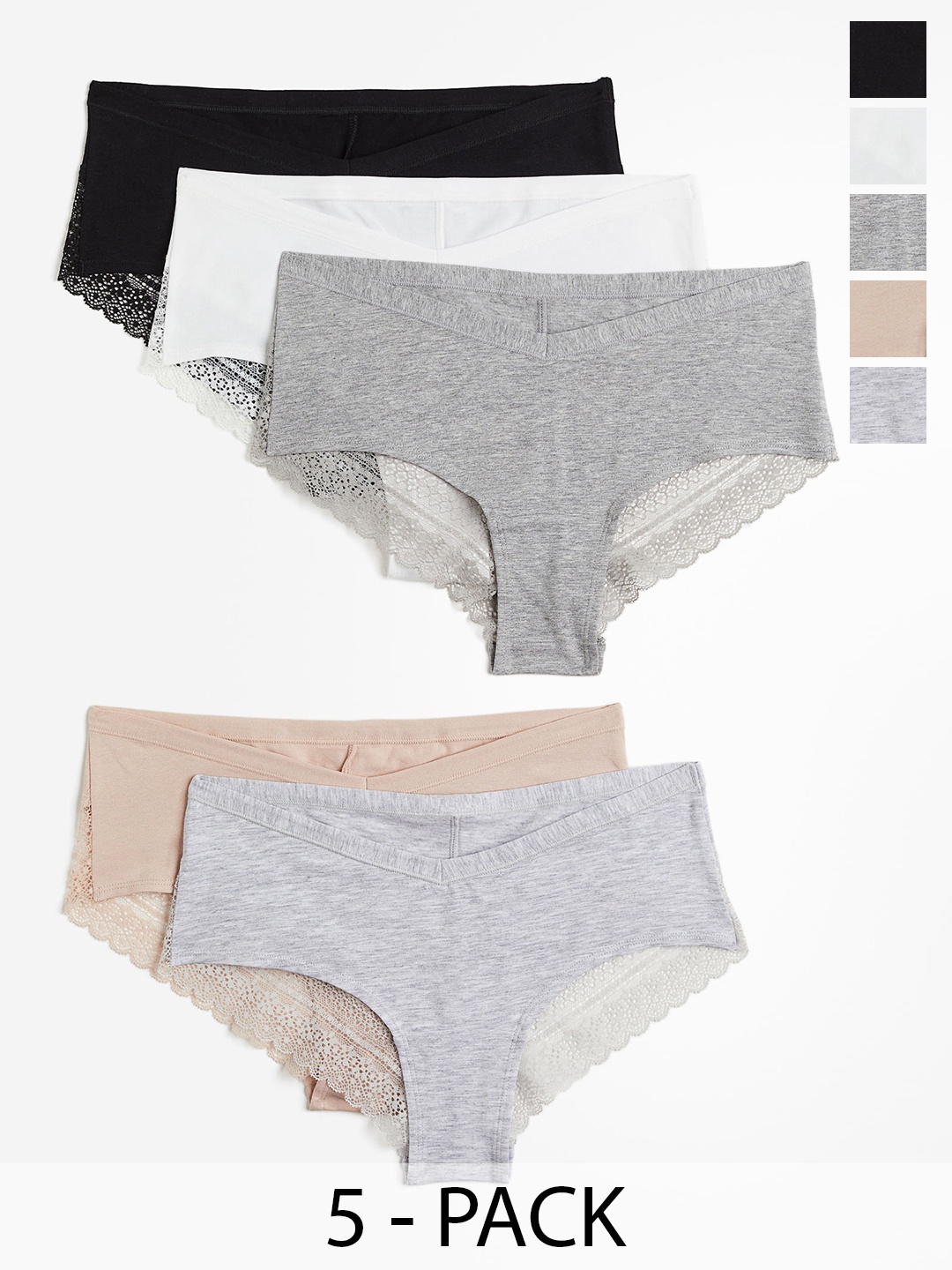 

H&M Women 5-Pack Lace-Trimmed Cotton Hipster Briefs, Grey