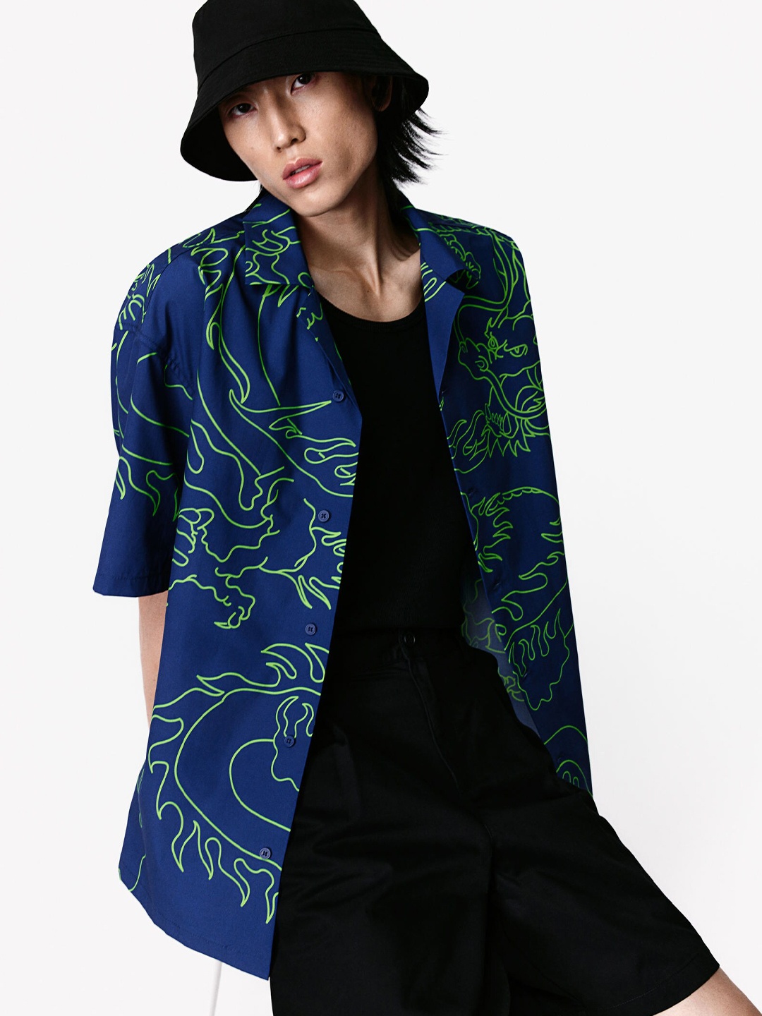 H&M Pure Cotton Loose Fit Resort Shirt, Blue