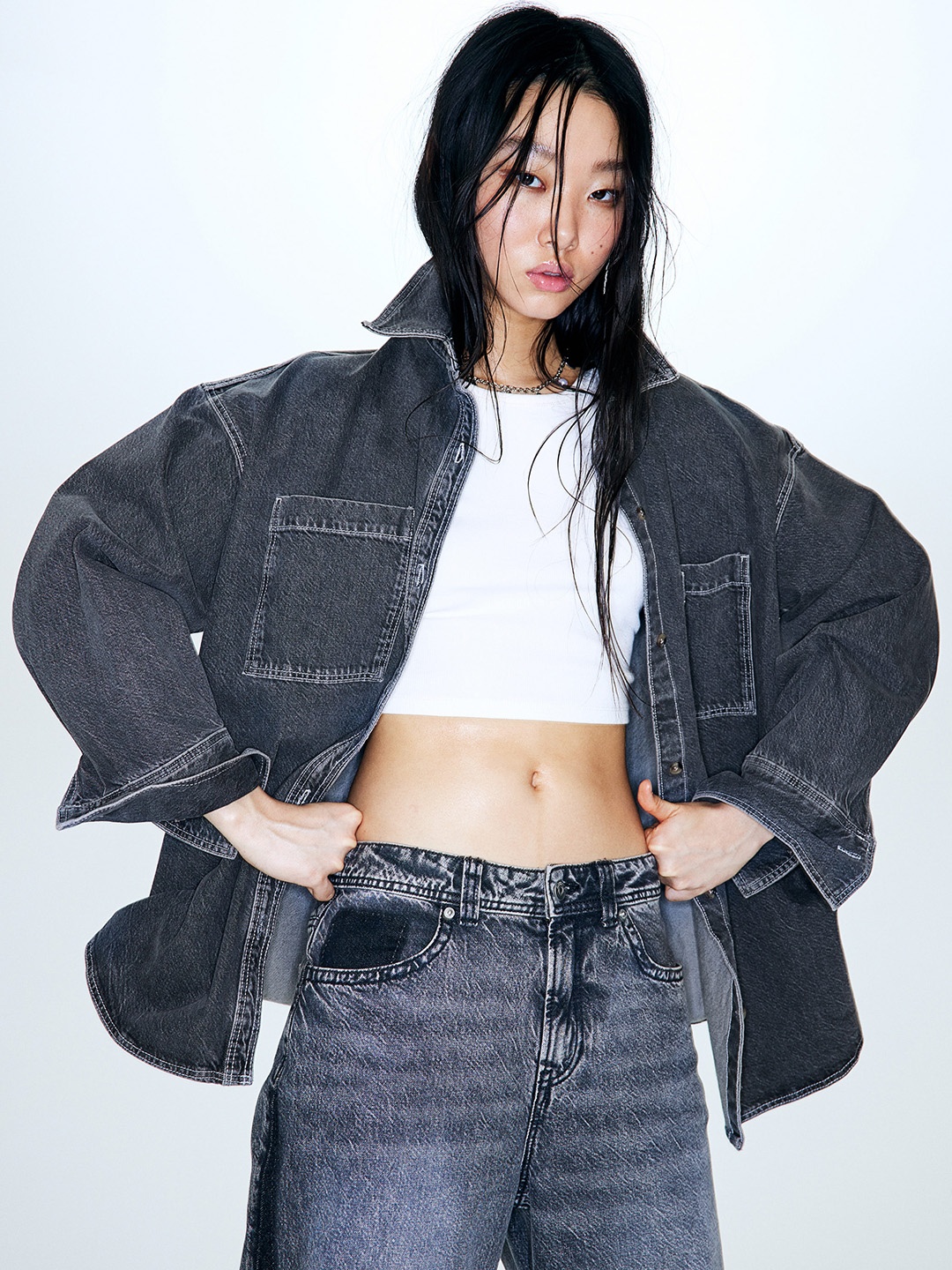

H&M Women Pure Cotton Oversized Denim Shirt, Grey