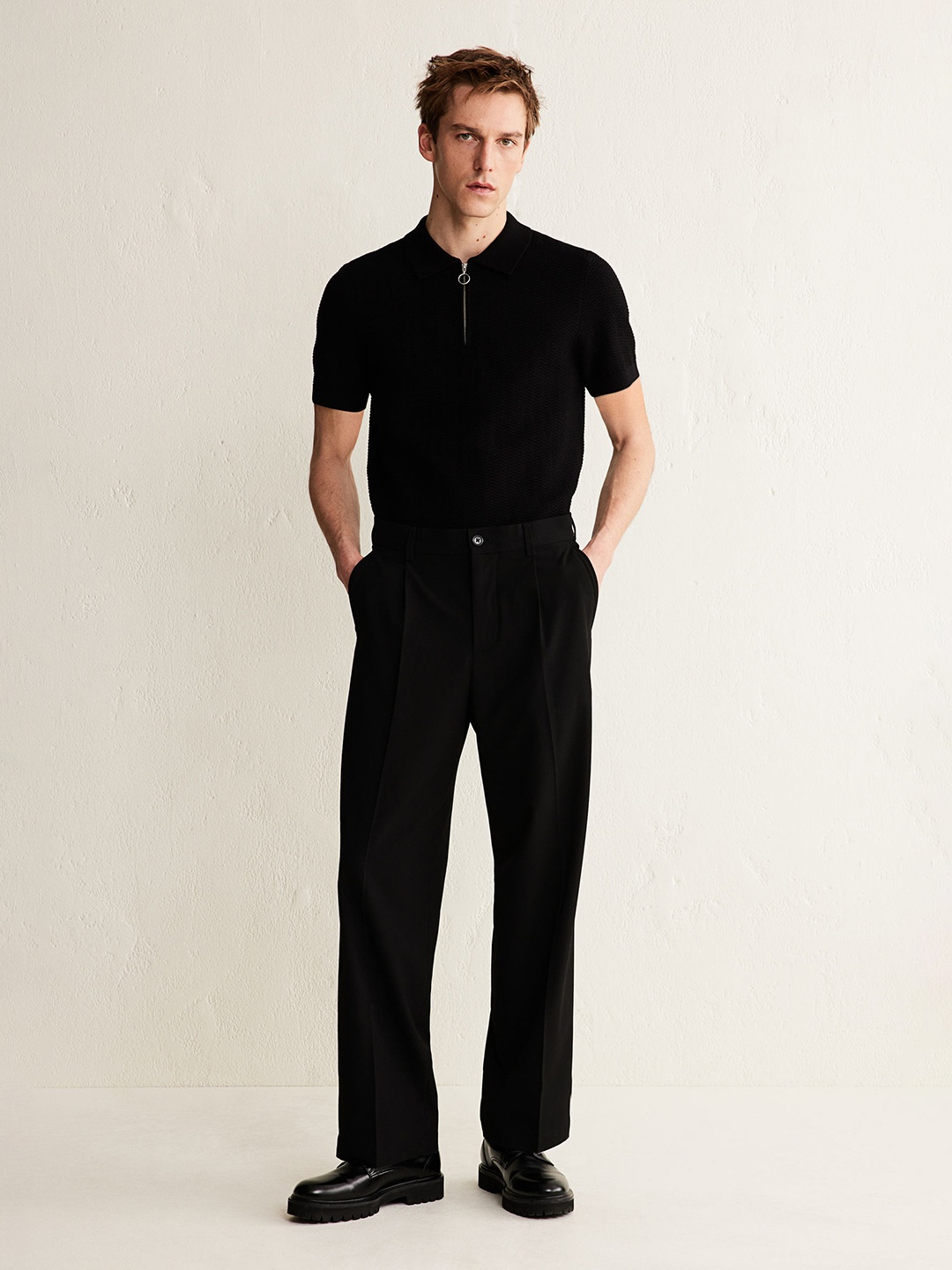 

H&M Slim Fit Textured-Knit Polo Shirt, Black