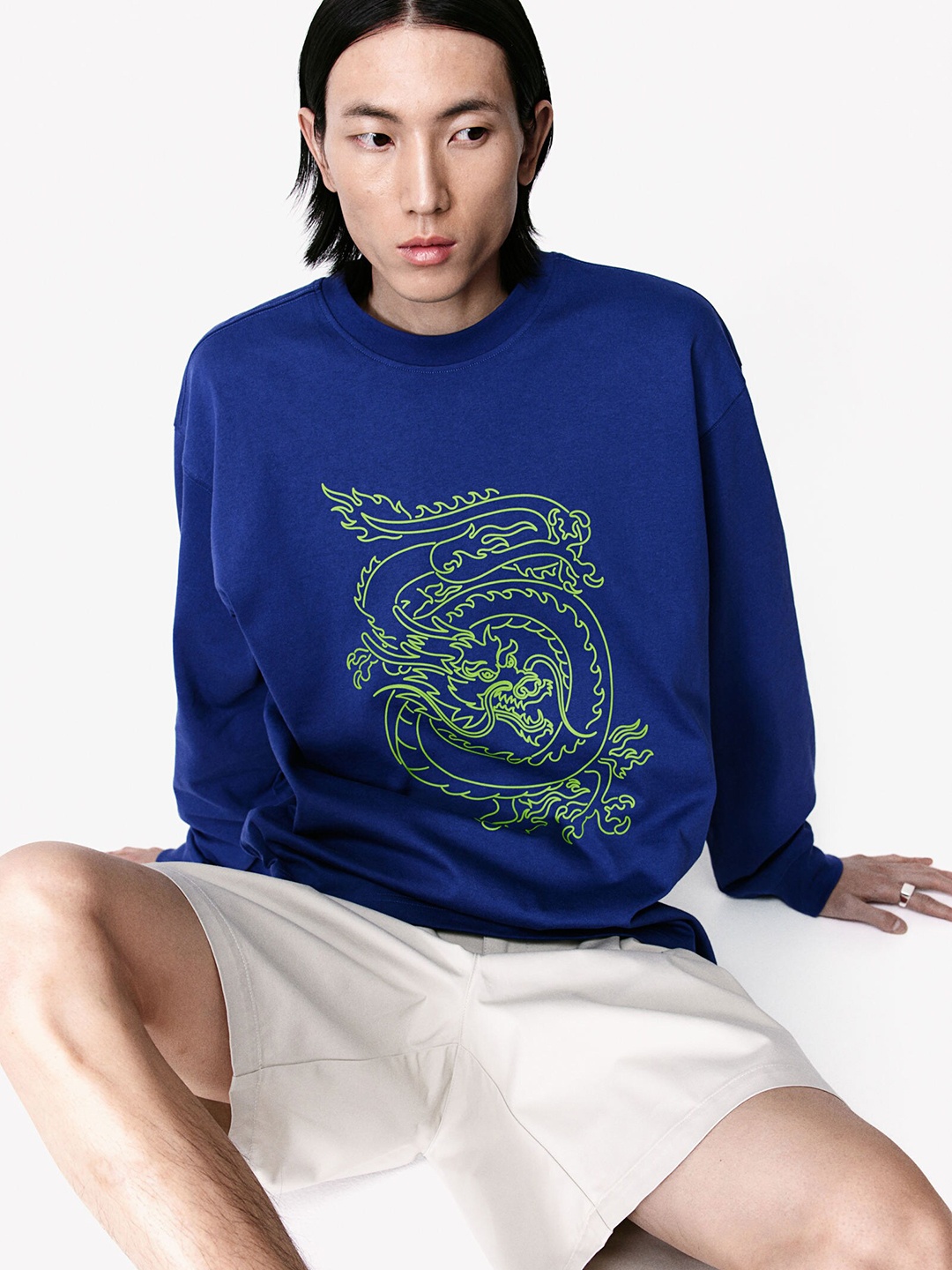 

H&M Loose Fit Printed Jersey Top, Blue