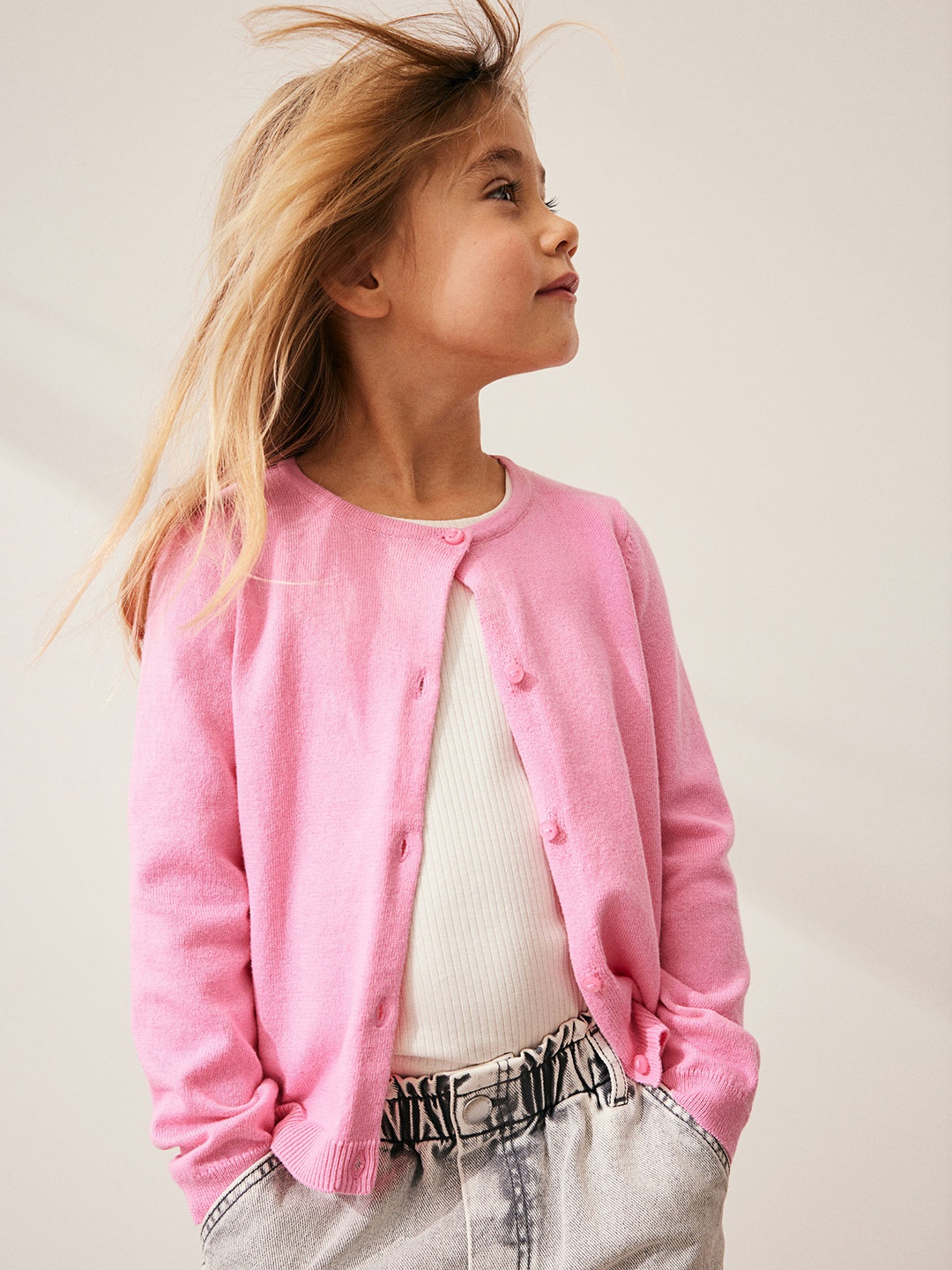 

H&M Girls Fine-Knit Cotton Cardigan, Pink